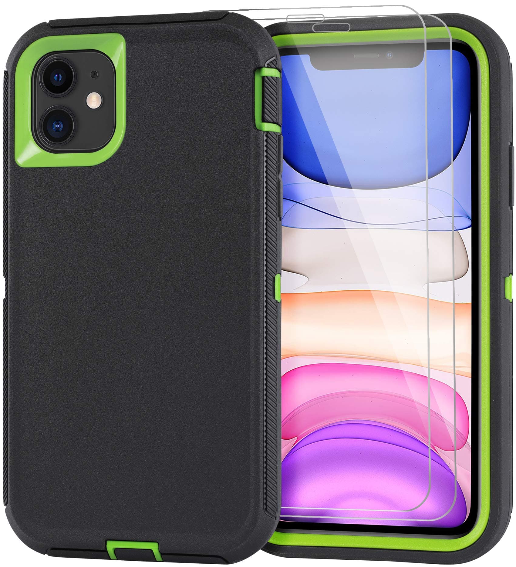 for iPhone 11 Case with 2 Screen Protector, Drop Protection Full Body Heavy Duty Rugged Military Grade Cover, Shockproof/Drop Proof Durable Phone Case iPhone 11 6.1" [Black+Green]