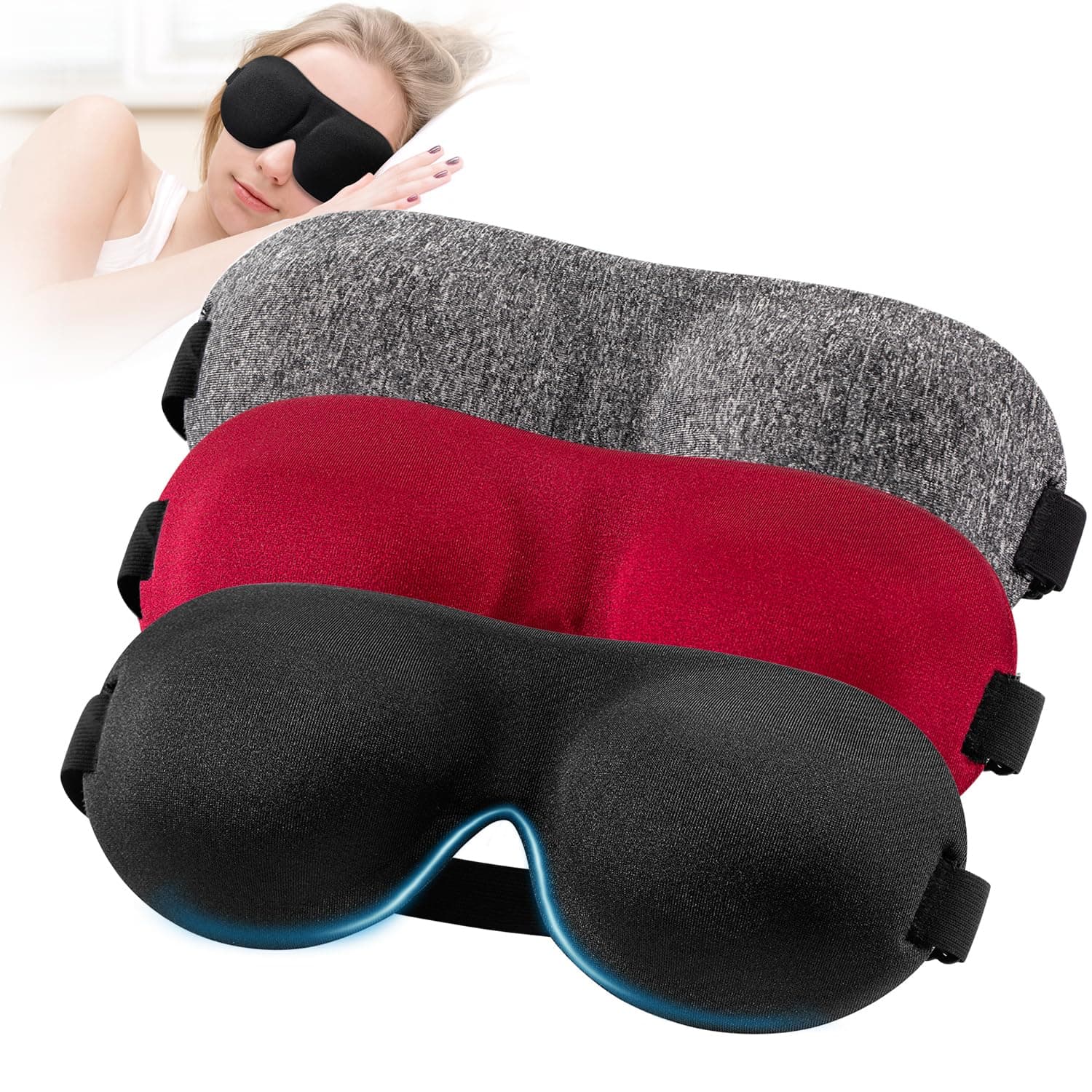 YIVIEW Sleep Mask for Back and Side Sleeper Pack of 3, 100% Light Blocking 3D Eye Masks for Sleeping, Lightweight & Breathable Eye Cover for Women Men, Zero Pressure Night Blindfold