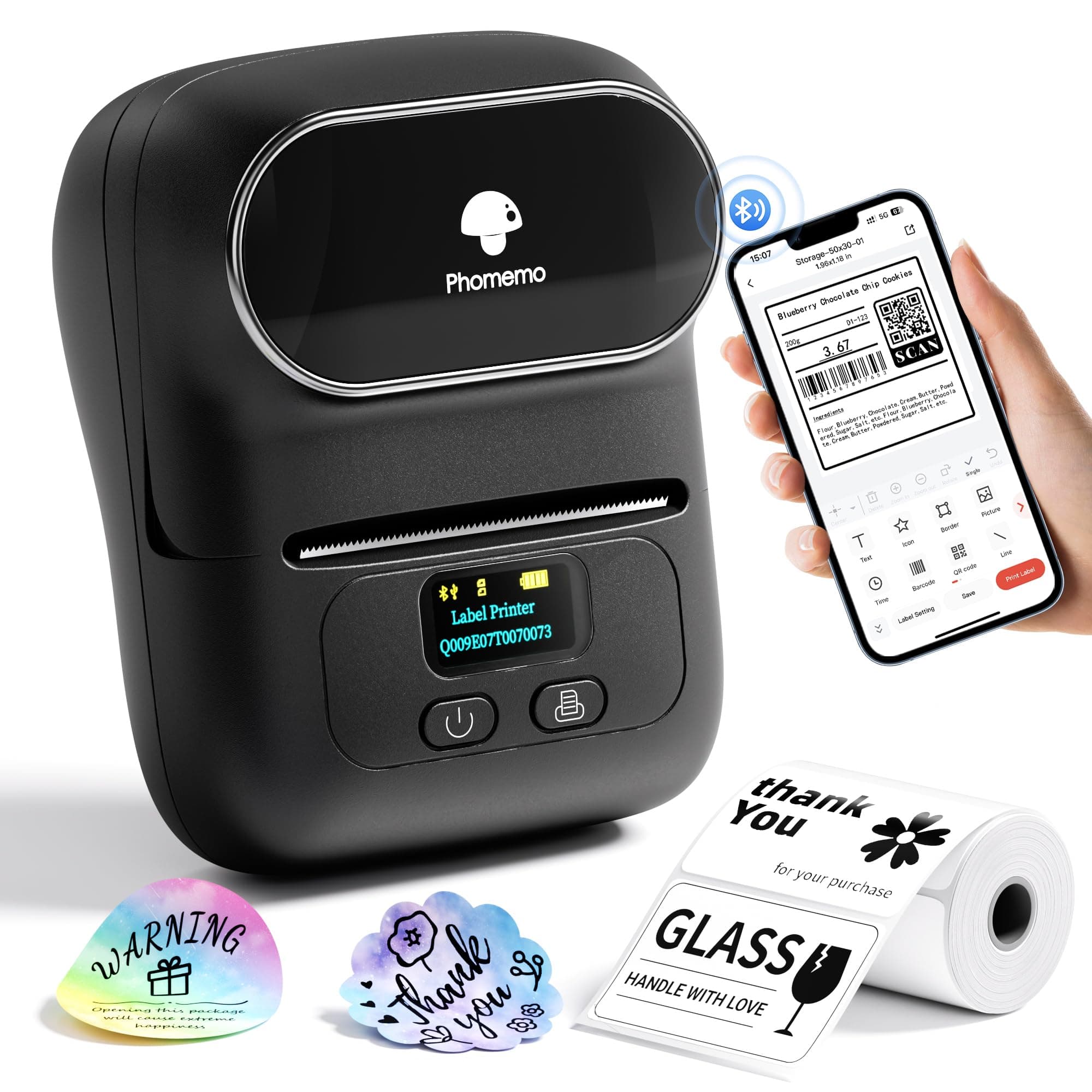 Phomemo M110 Label Maker Machine - Thermal Label Printer, Bluetooth Label Maker for Phone & Tablet, Mini Sticker Printer for Shipping, Address, Clothes, Barcode, Retail, with 1 Roll 40x30mm Label