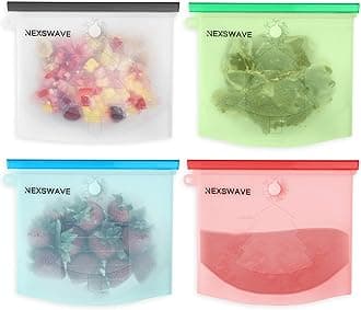 Reusable Silicone Food Bags Set Of 4 | Airtight Zip Seal Bags Keep Your Food Fresh. Bags For Cooking, Sous Vide, Lunch, Snack, Sandwich, Freezer | With Week Recorder