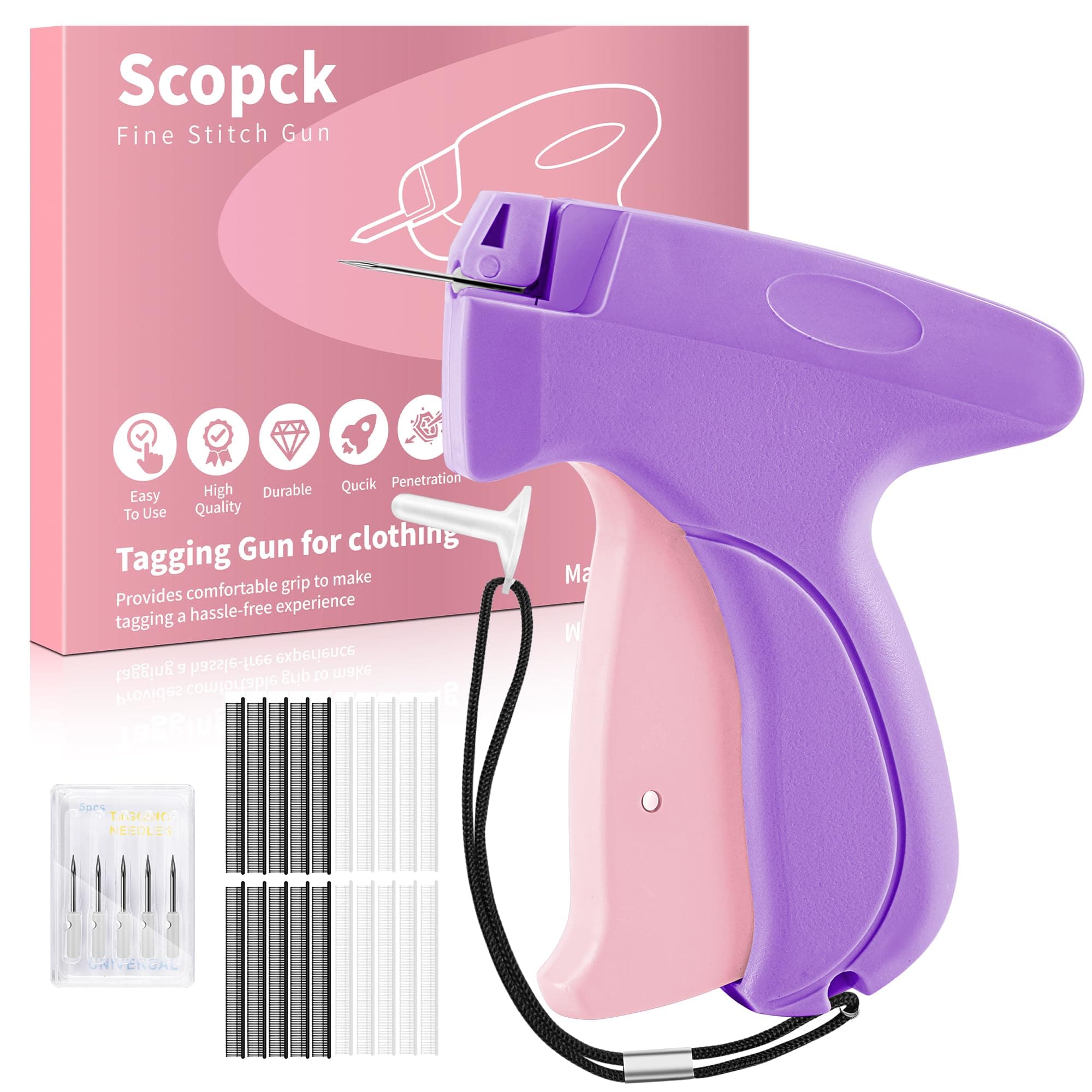 Micro Stitchy Gun for Clothes - Handheld Mini Sewing Tagging Gun - Includes 6 Needles, 1000 Black & 1000 White Fasteners (Purple)