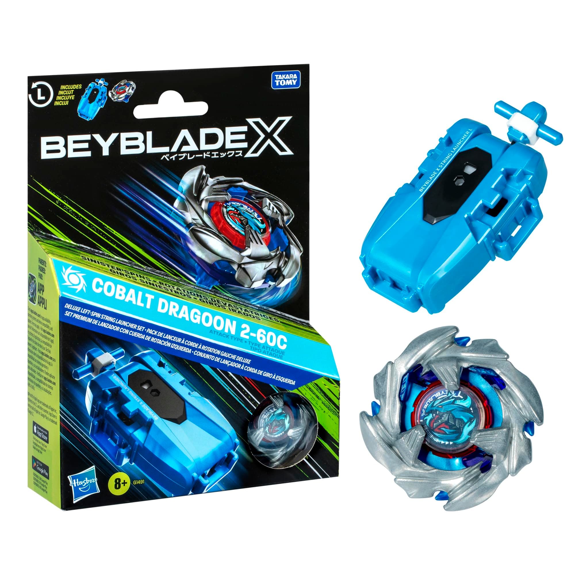 Beyblade X Cobalt Dragoon 2-60C Deluxe Left Spin String Launcher Set Attack Type Top Left Spinning Top Toy; Great Gift for 8 Years Old Boys and Girls