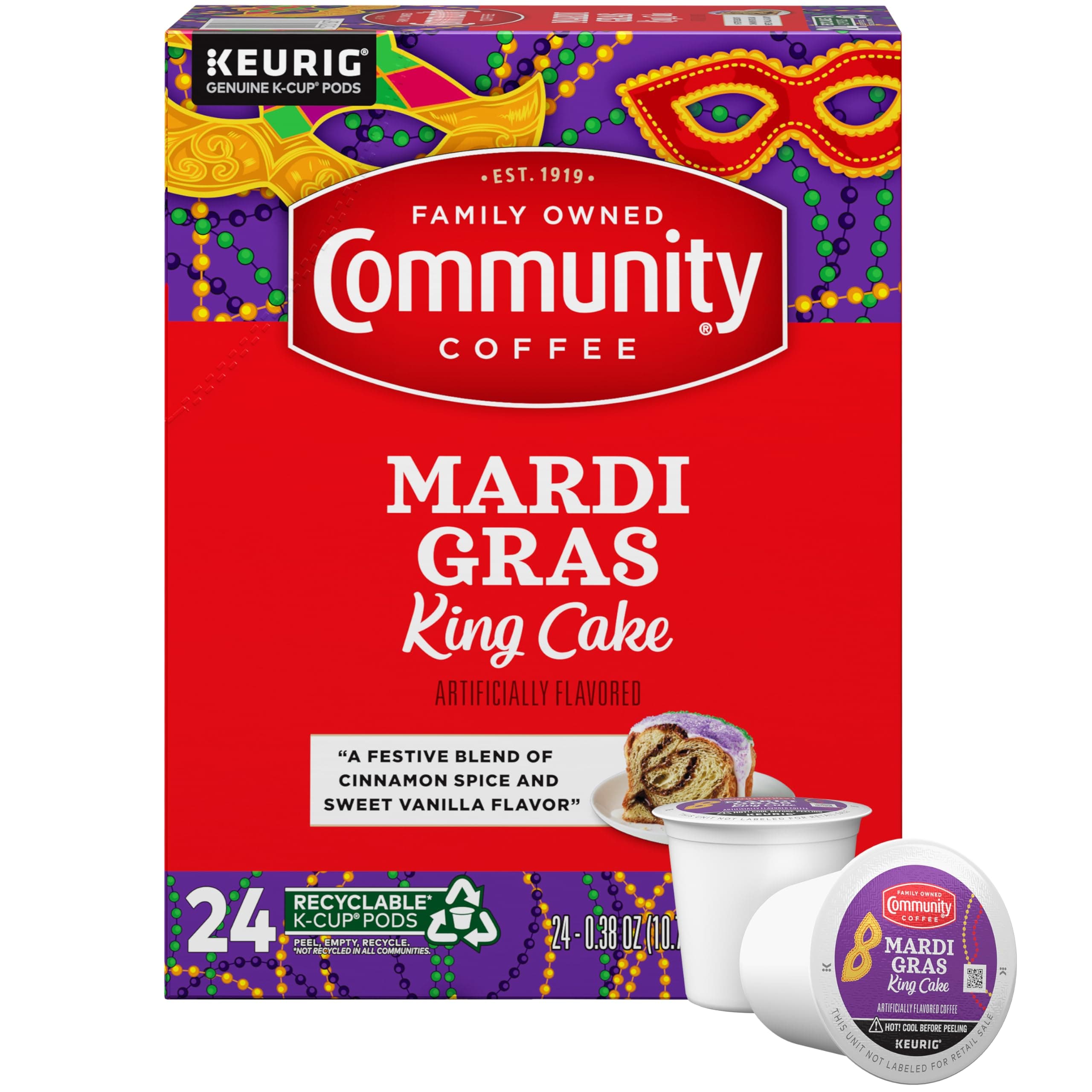 Mardi Gras King Cake Flavored 24 Count Coffee Pods, Medium Roast, Compatible with Keurig 2.0 K-Cup Brewers, 24 Count (Pack of 1)