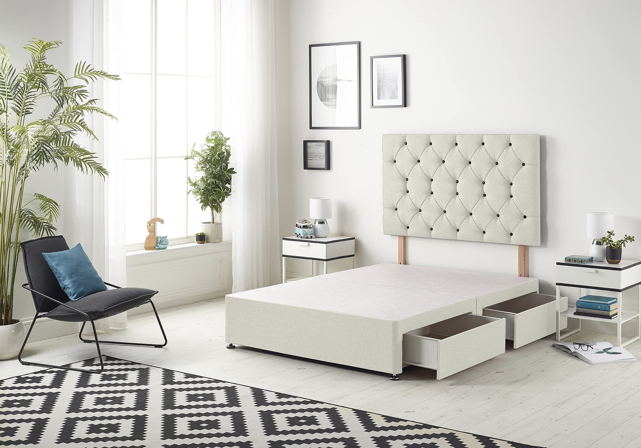 Bed CentrePremier Divan Base with 2 Drawers and Matching Headboard - Available in Multiple Fabrics and Colours (3FT Single, Plush Ivory)