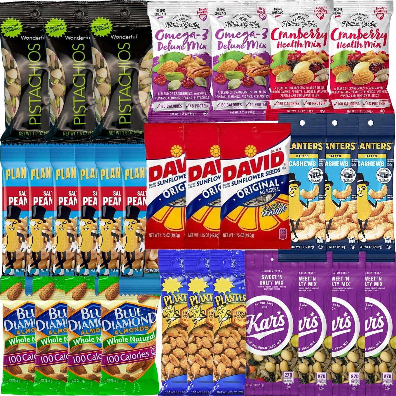 Ultimate Nut Snack Bundle | Individual healthy snacks for adults | Peanuts, Cashews, Almonds, Sunflower Seeds, Trail Mix, and Pistachios - Gift or Care Package (30 Count)