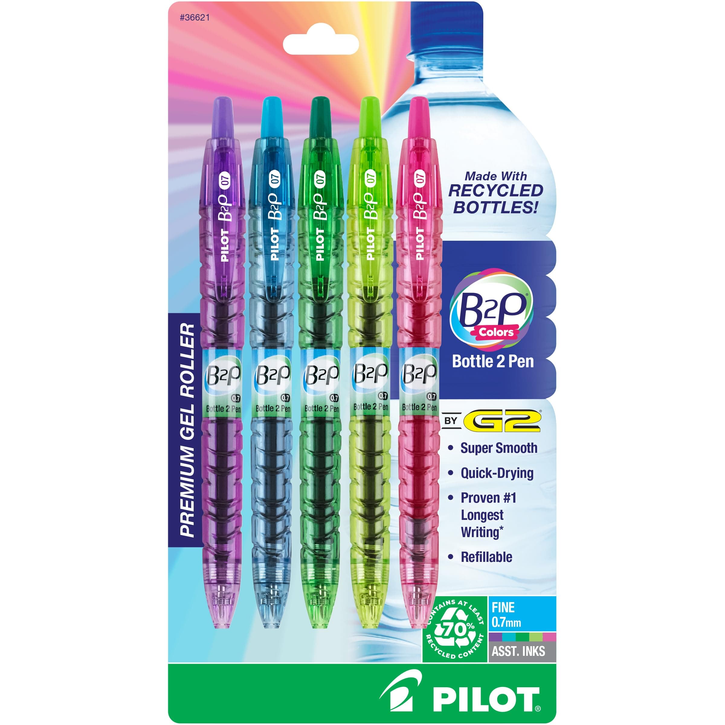 B2P Colors - Bottle to Pen Refillable & Retractable Rolling Ball Gel Pen Made From Recycled Bottles, Fine Point, Assorted Color G2 Inks, 5-Pack (36621)