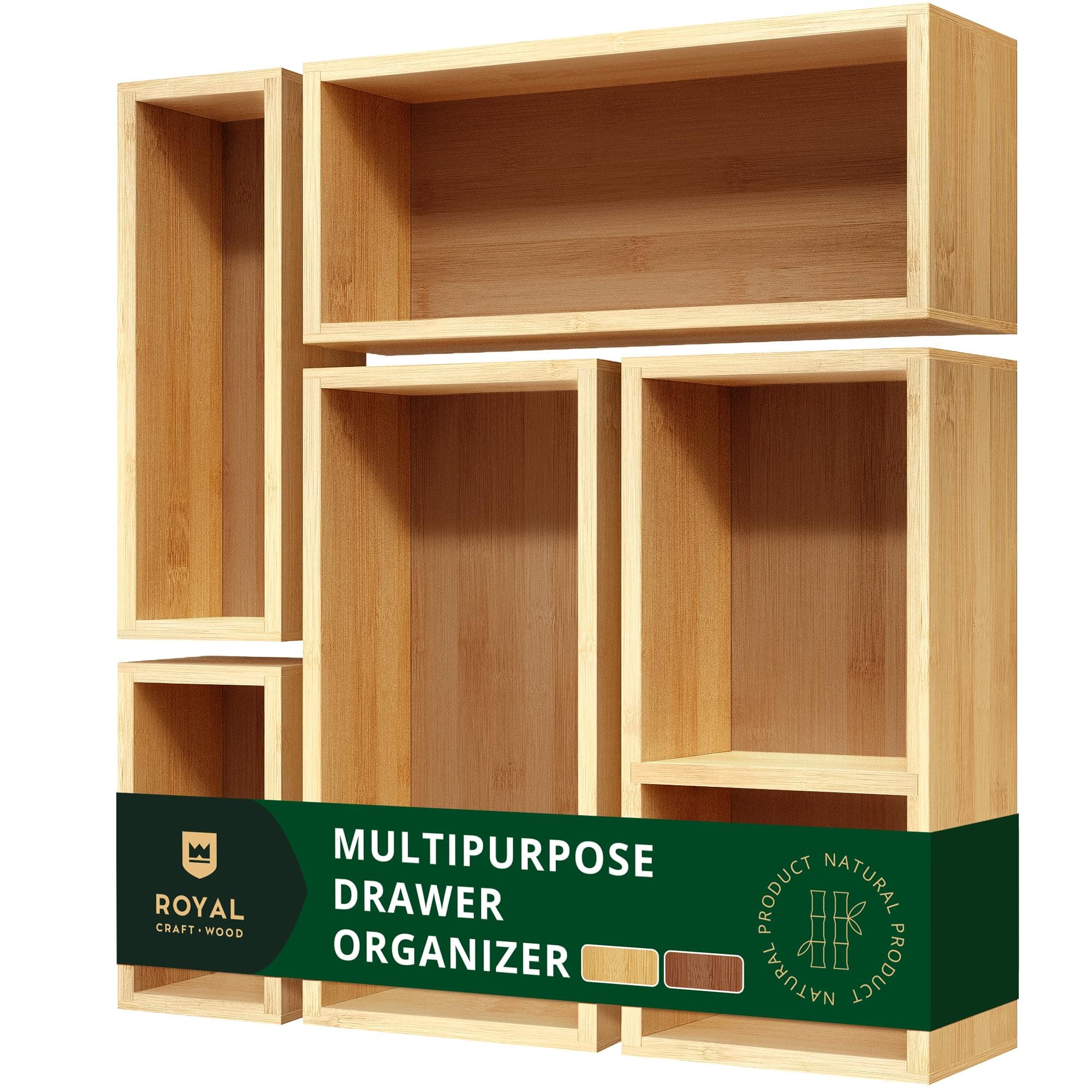 5-Piece Bamboo Drawer Organizer Set – Multi-Use Storage Trays for Kitchen, Bathroom, Office, Makeup, Jewelry & More – Junk Drawer Tray, Utensil Holder, Storage Box & Bin Set (5 Boxes)