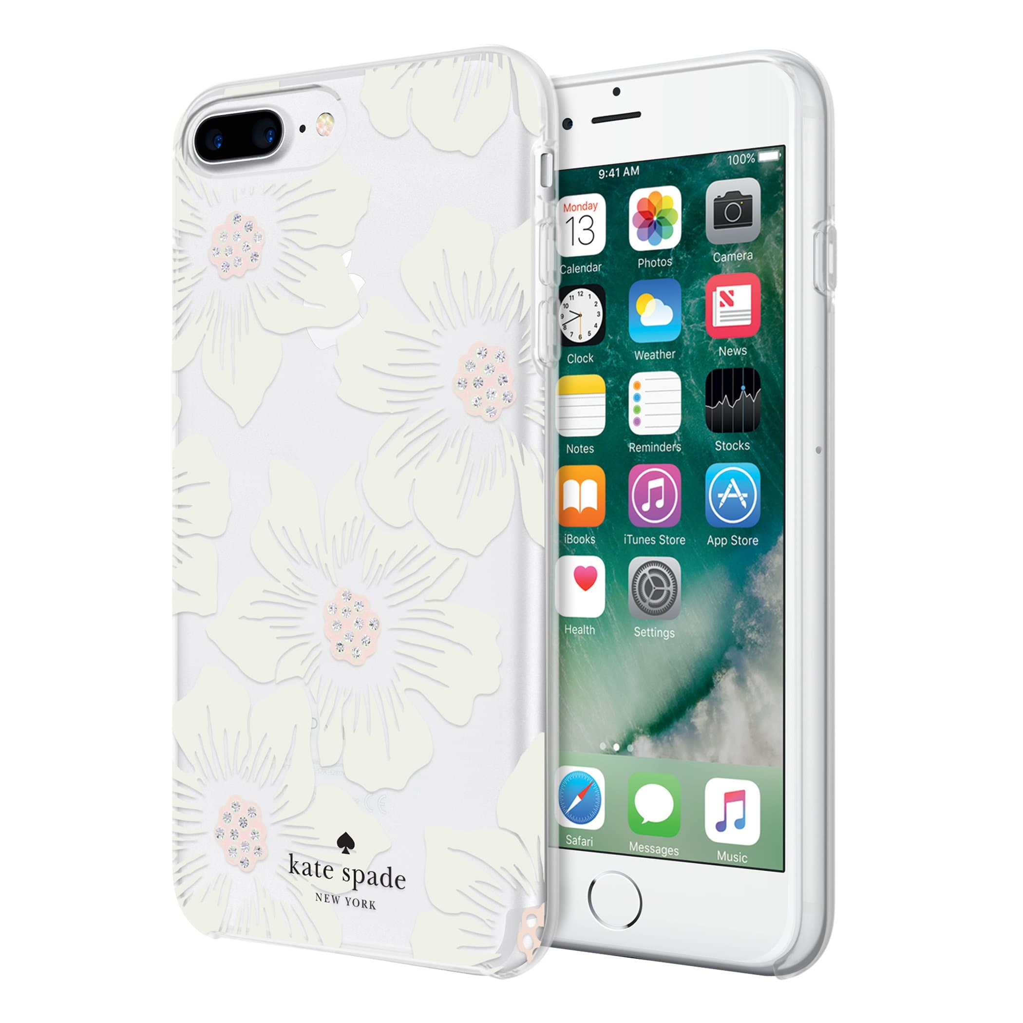 KSIPH-056-HHCCS Protective Hardshell Case for iPhone 8 Plus, iPhone 7 Plus & iPhone 6 Plus/6s Plus - Hollyhock Floral Clear/Cream with Stones