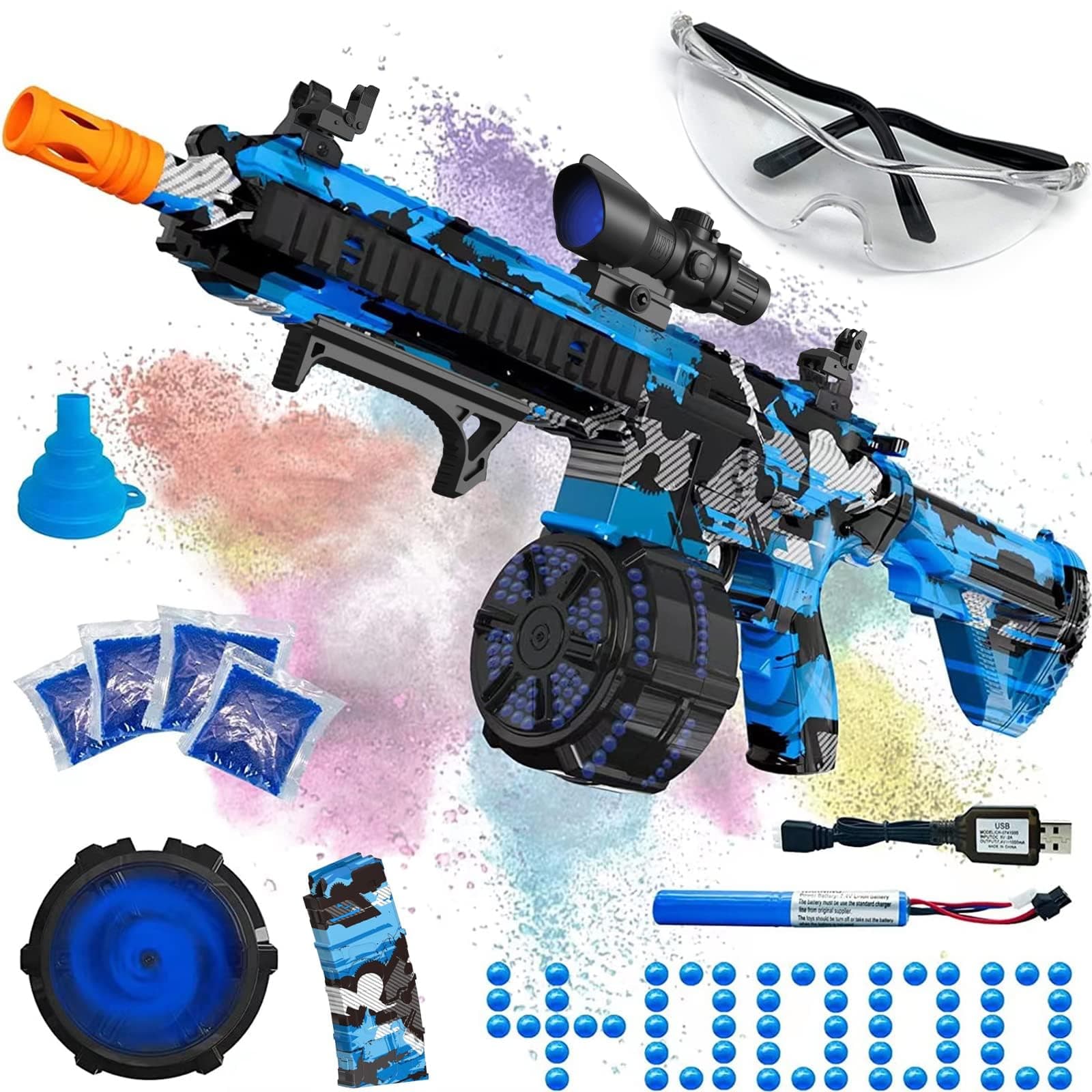 SUPBEC Electric Gel Ball Blaster, High Speed Automatic Splatter Ball Blaster with 40000+ and Goggles, Rechargeable Splatter Ball Toys for Outdoor Activities Game Party Favors-Blue