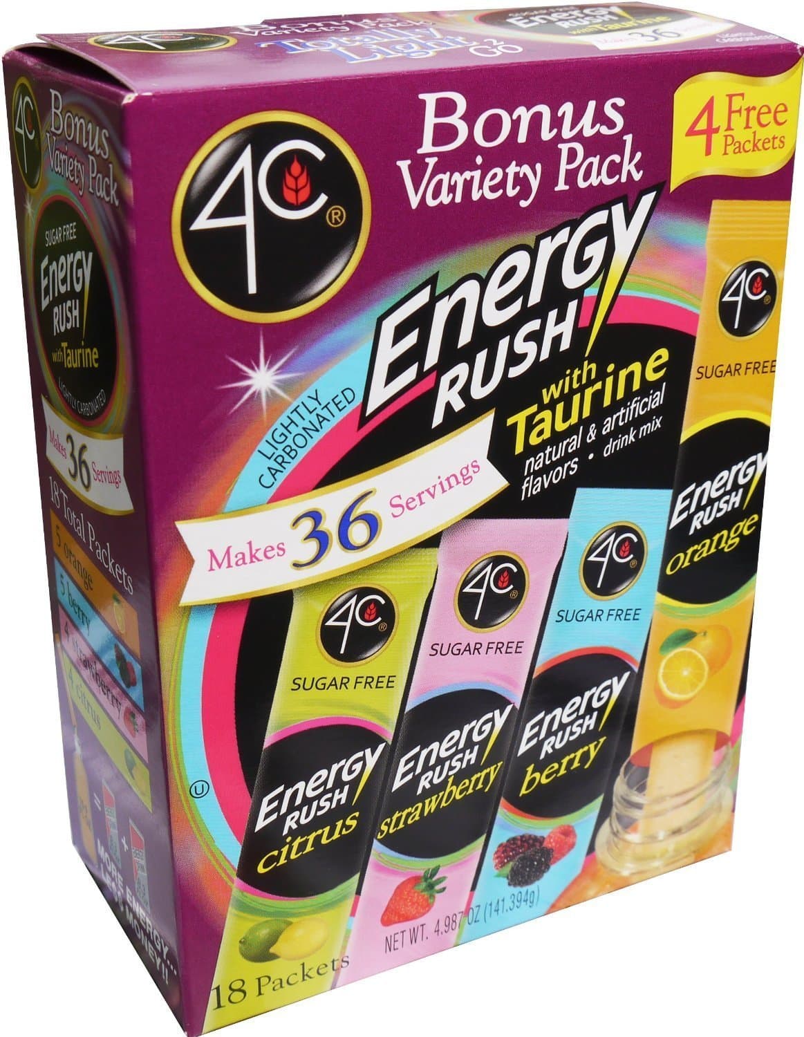4C Totally Light -2- Go Energy Rush Packets, 4 Flavors, 54-Count [RETAIL PACKAGING]