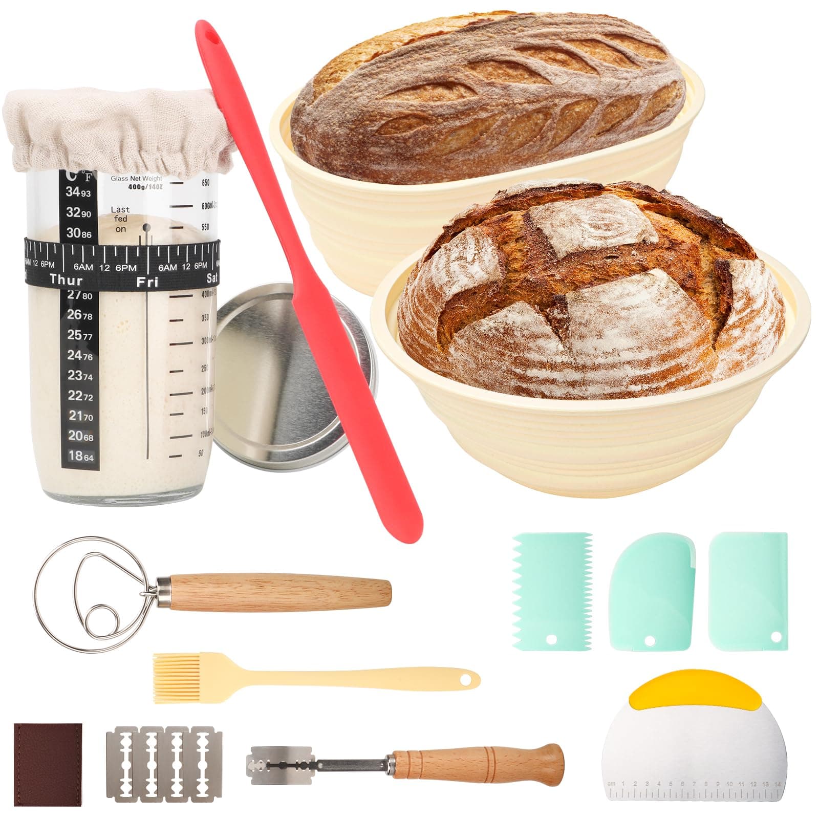 Sourdough Starter Kit Bread Baking Supplies Bread Proofing Basket 9 inch Round & 10 inch Oval Bread Proofing Basket, 24Oz Jar