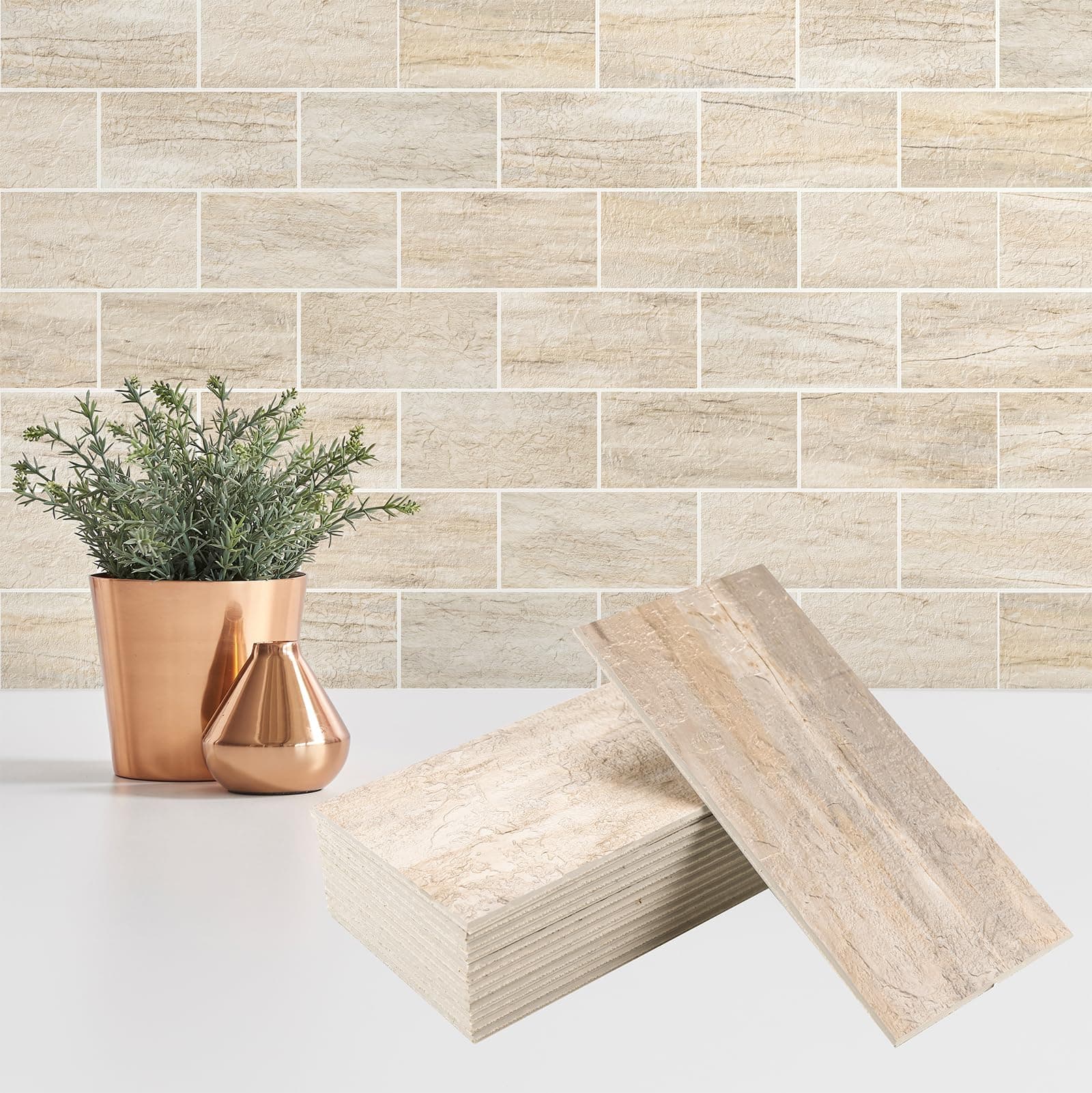 100 Pieces Peel and Stick Backsplash for Kitchen, 3" x 6" PVC Subway Tile 2026 Upgraded Grayish Beige with Gray Grout Backsplash Stick on Tile Elevate Kitchen, Bathroom, Fireplace,RV