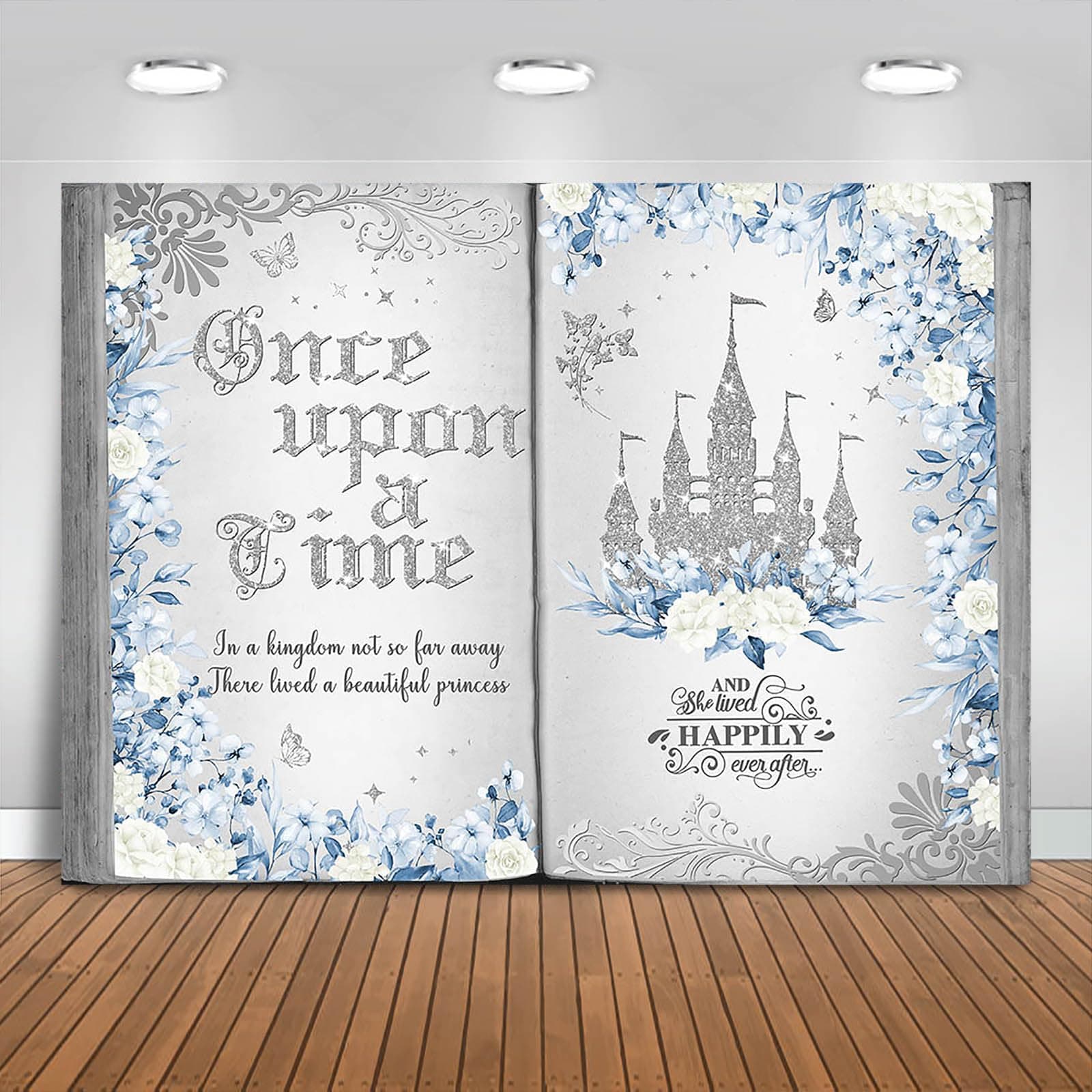 Once Upon a Time Backdrop 7x5ft Blue Floral Silver Castle Princess Fairy Tale Book Birthday Background Party Decorations for Girl Opening Magic Book Romantic Story Wall Decor Banner