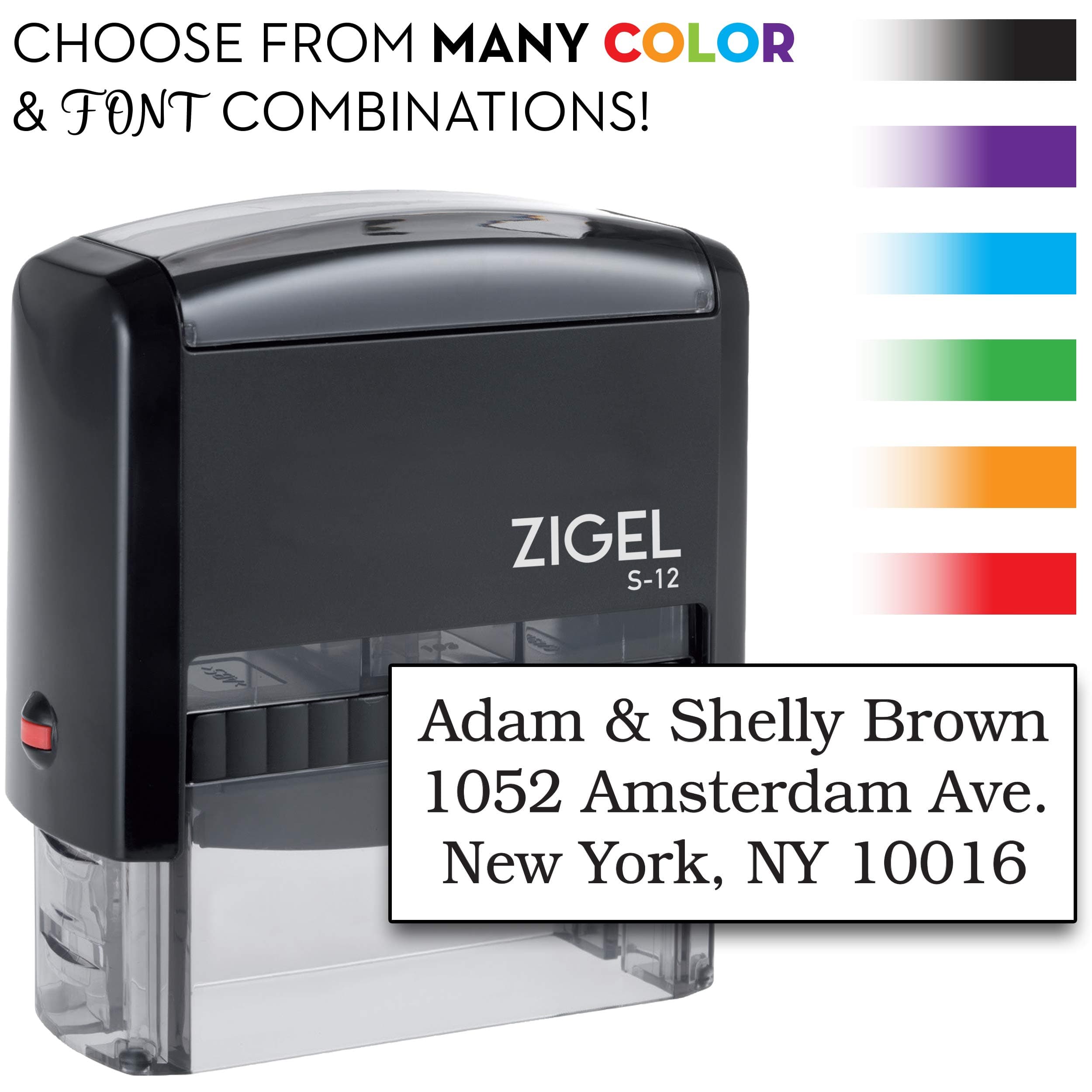 ZIGEL S+12 Self Inking Rubber Stamp 3/4" x 1-7/8" - Customize Online up to Four Lines of Type - Choose from Many Font - Choose from 15 Ink Colors