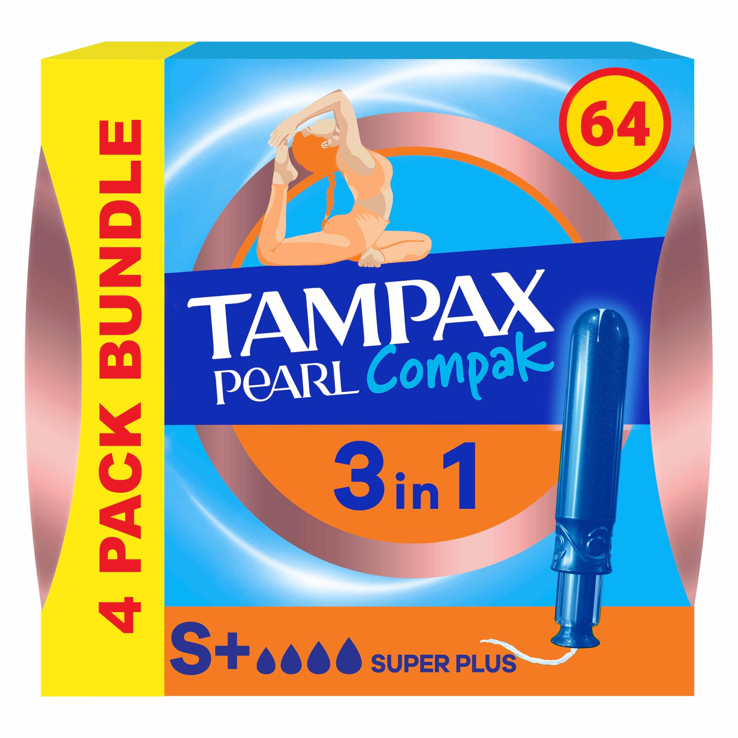 Compak Pearl Tampons, Super Plus with Applicator, 64 Tampons (16 x 4 Packs), Leak Protection and Discretion