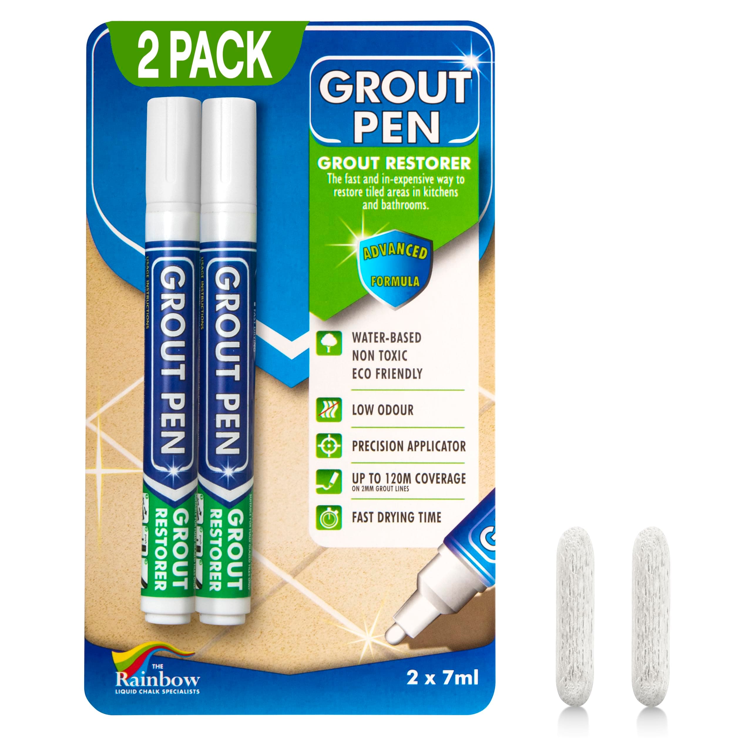 Twin Pack White Grout Pen - Designed for restoring tile grout in bathrooms & kitchens (White)