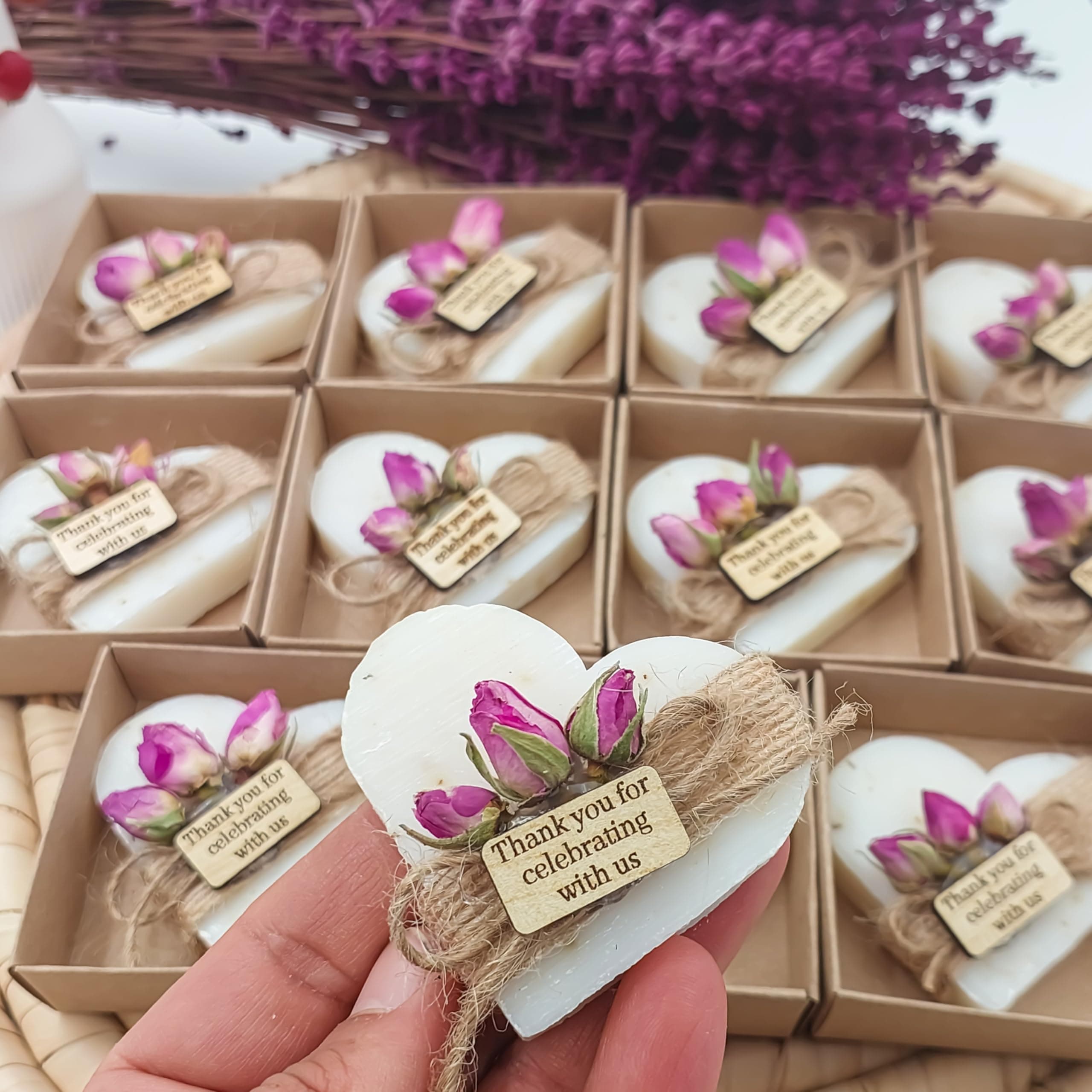 Heart Shaped Soaps 12-Pack, Handmade Scented Mini Soaps for Bridal Shower Party Favors, Tea Party, Wedding, Baby Shower & Engagement Gifts for Guests, Thanks You for Celebrating with Us Wooden Tag