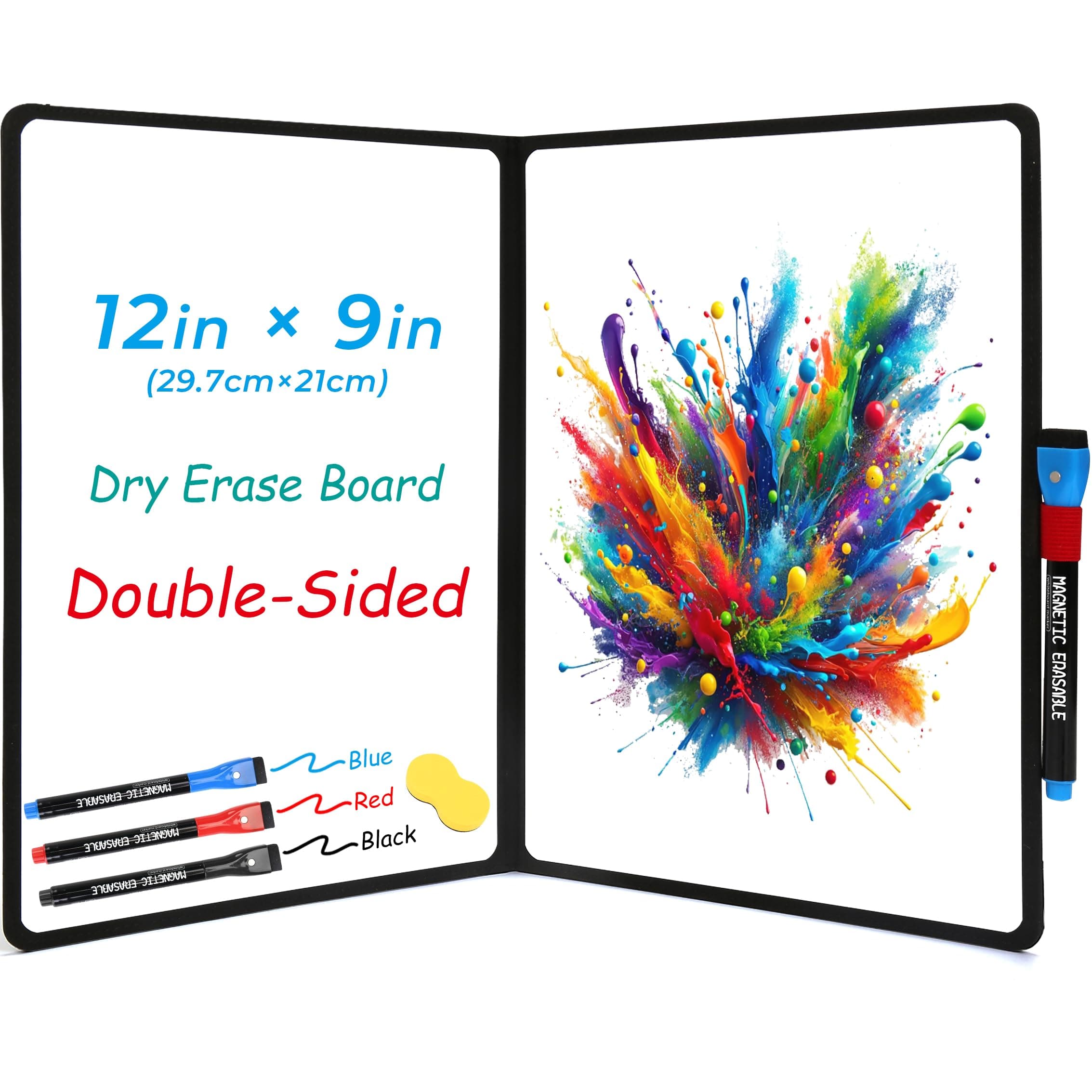 Double-Sided White Board 12x9 inch - Ultra-Thin 0.3" Portable Dry Erase Board with 3 Markers & Anti-Ghosting Surface | Magnetic-Ready | Foldable for Office, School, Travel, Homeschool (Black)