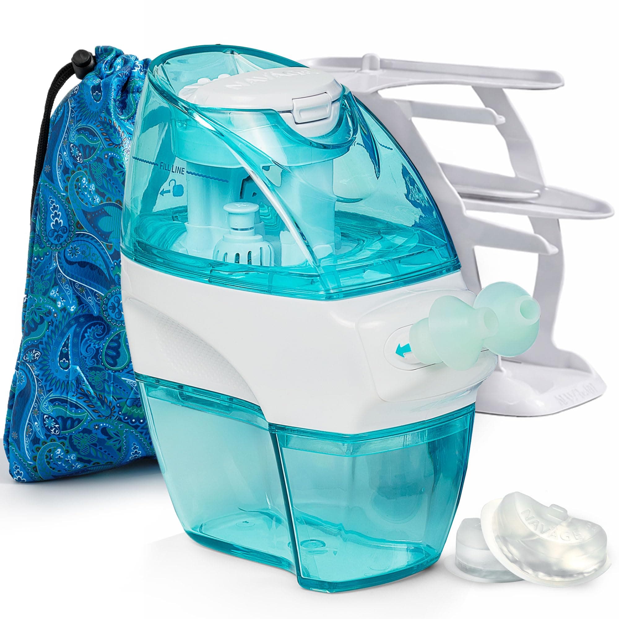 Deluxe Bundle - Navage Nasal Irrigation System - Saline Nasal Rinse Kit with 1 Navage Nose Cleaner, 30 Salt Pods, Paisley Travel Bag and 1 Countertop Caddy