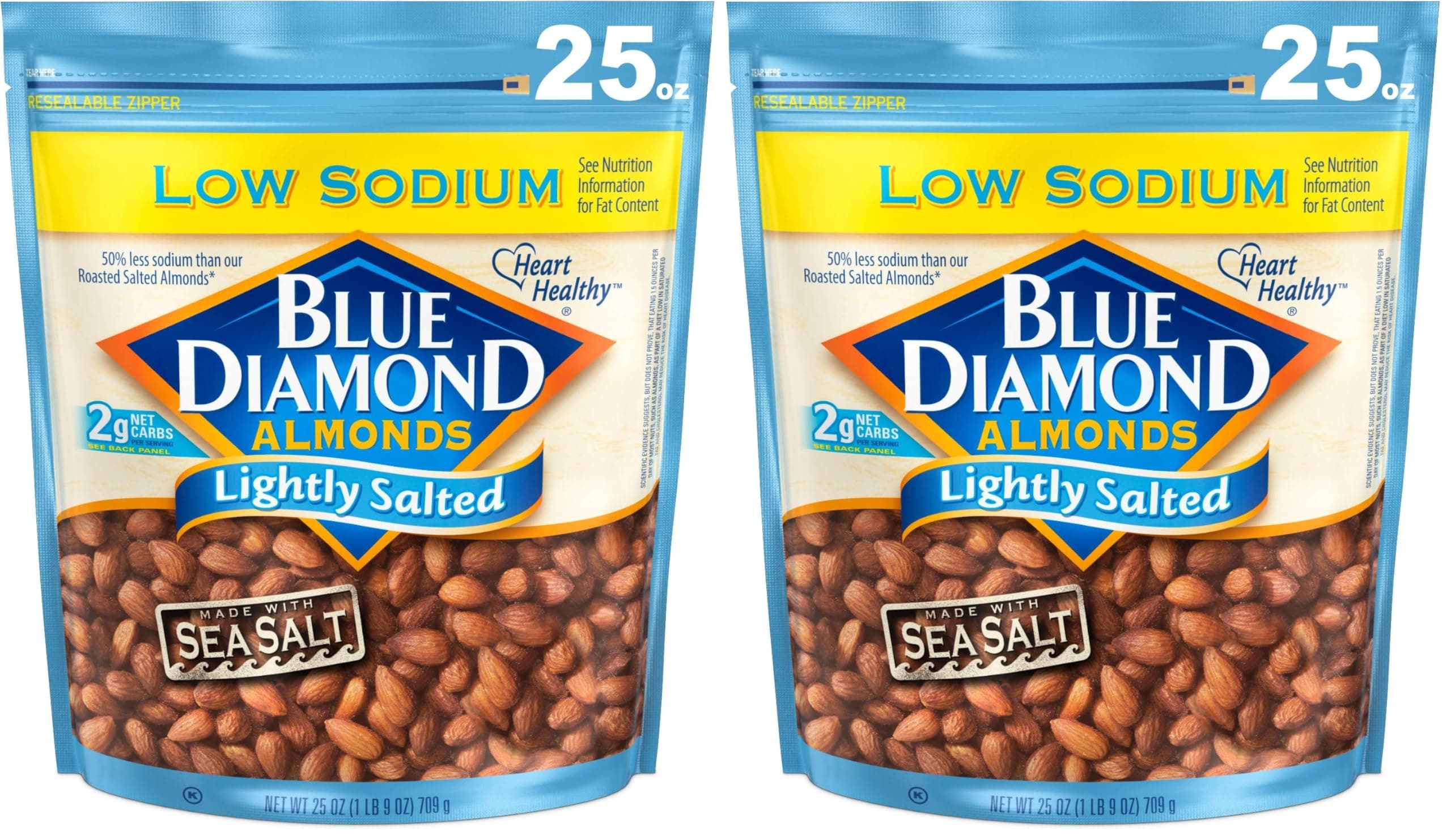 Blue Diamond Almonds Low Sodium Lightly Salted Snack Nuts, 25 Oz Resealable Bag (Pack of 2)