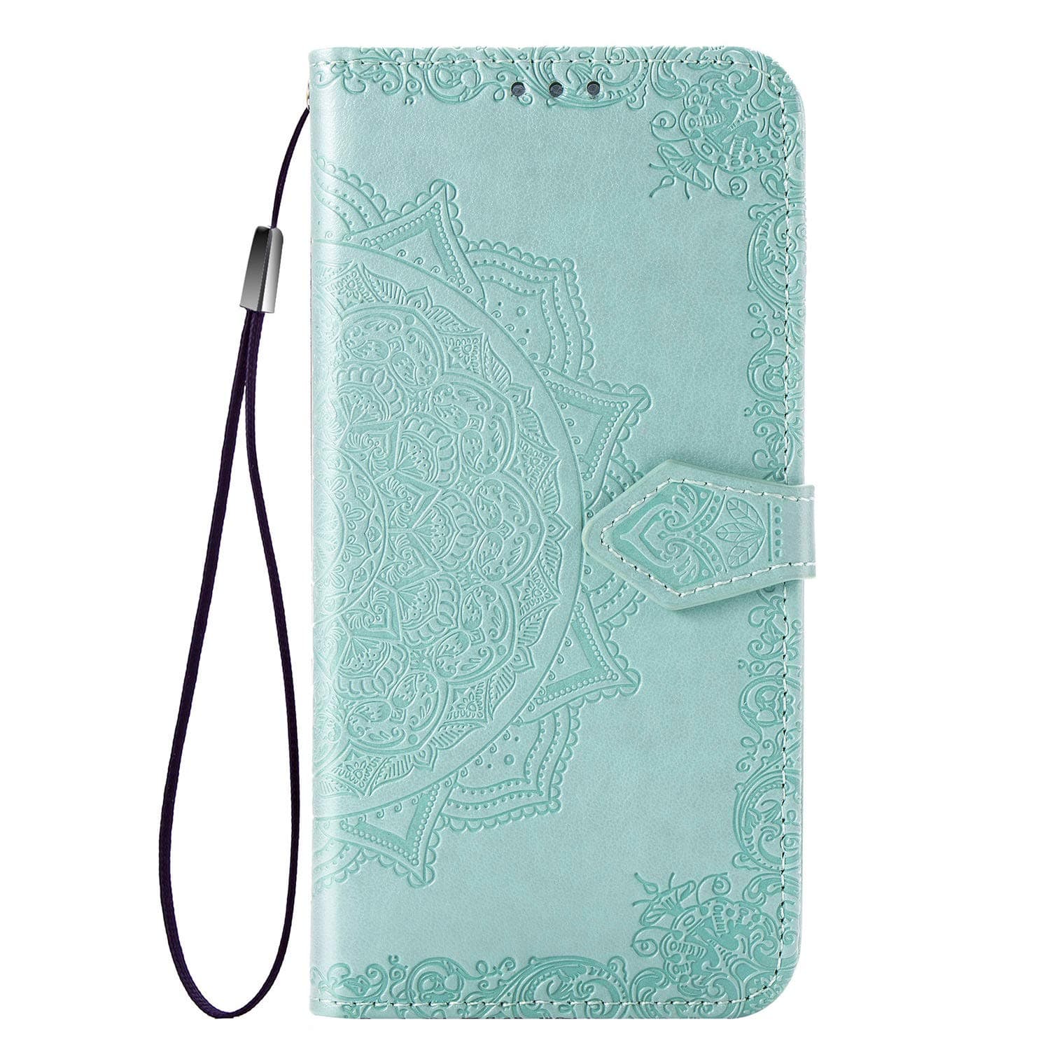 Flip Floral Wallet Case iBarbe Compatible iPhone 11 6.1 inch Case,3D Embossing Datura Mandala Flower,Wrist Strap [3-Slots] ID&Credit Cards Pocket KickstHolder Premium PU Leather-Teal