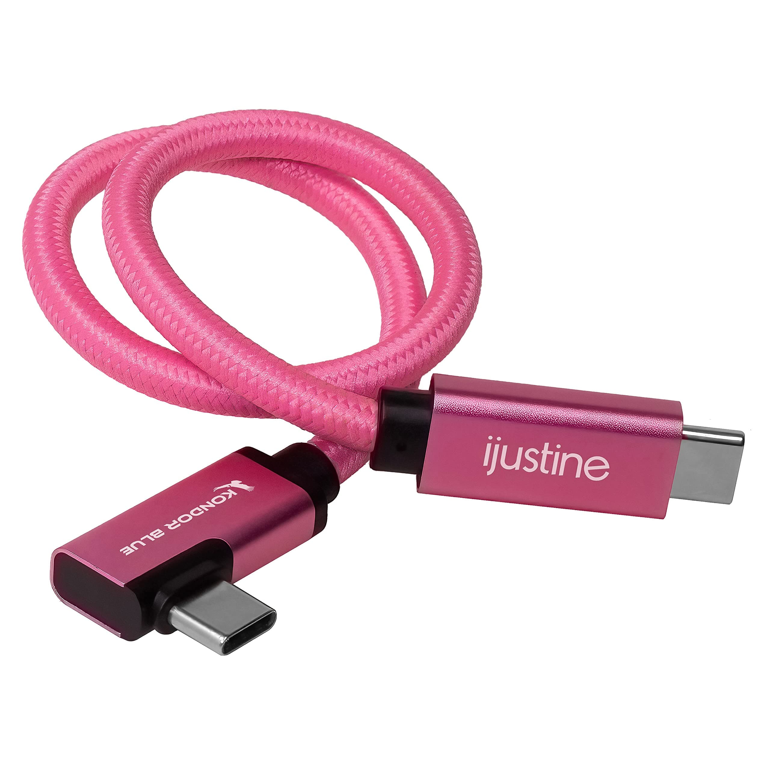 KONDOR BLUEx iJustine | Braided USB-C to USB-C Right Angle | 1" USB 3.1 Gen 2, 10Gb/s Data Transfer Speeds, 100W Charging, & 4K Display Support | Pink