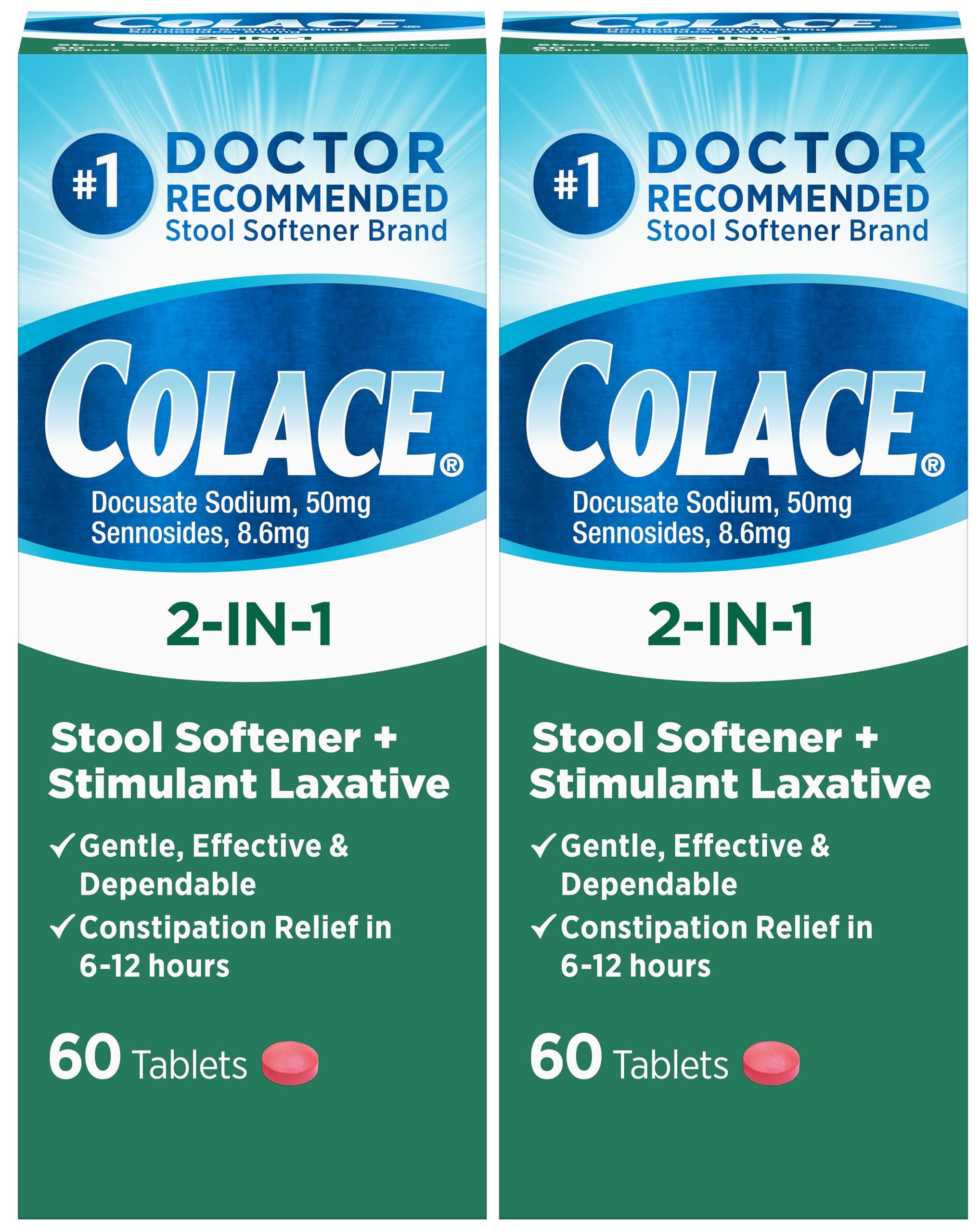 - Colace 2-in-1 Stool Softener Plus Stimulant Laxative Tablets, 60 Count (Pack of 2), Gentle Constipation Relief, Docusate Sodium Plus Sennosides