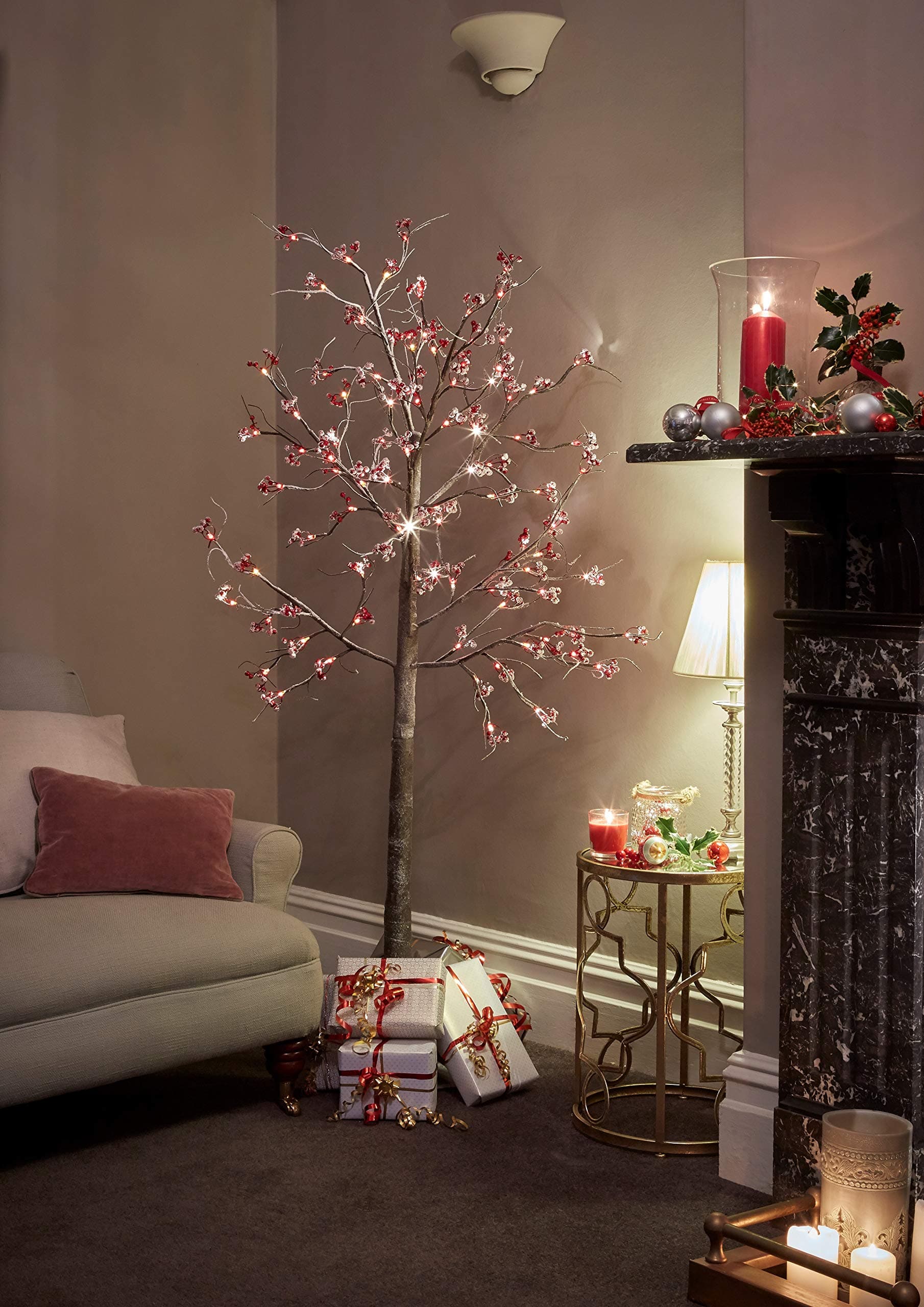 JayMark Snowy Effect Brown Christmas Pre Lit Twig Tree 6ft with Berries for Indoor and Outdoor Use