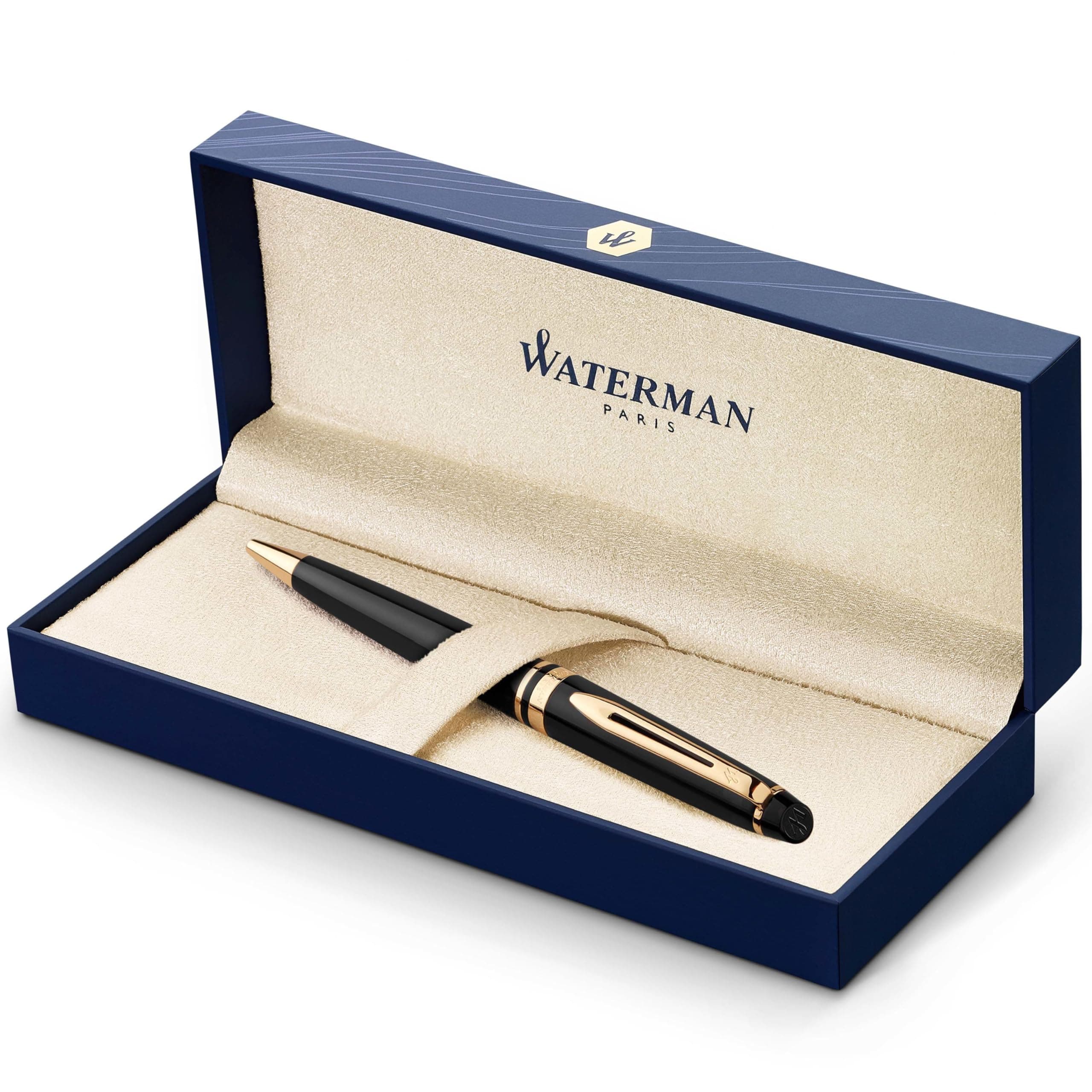 Expert Ballpoint Pen | Gloss Black with 23k Gold Trim | Medium Tip | Blue Ink | Gift Box