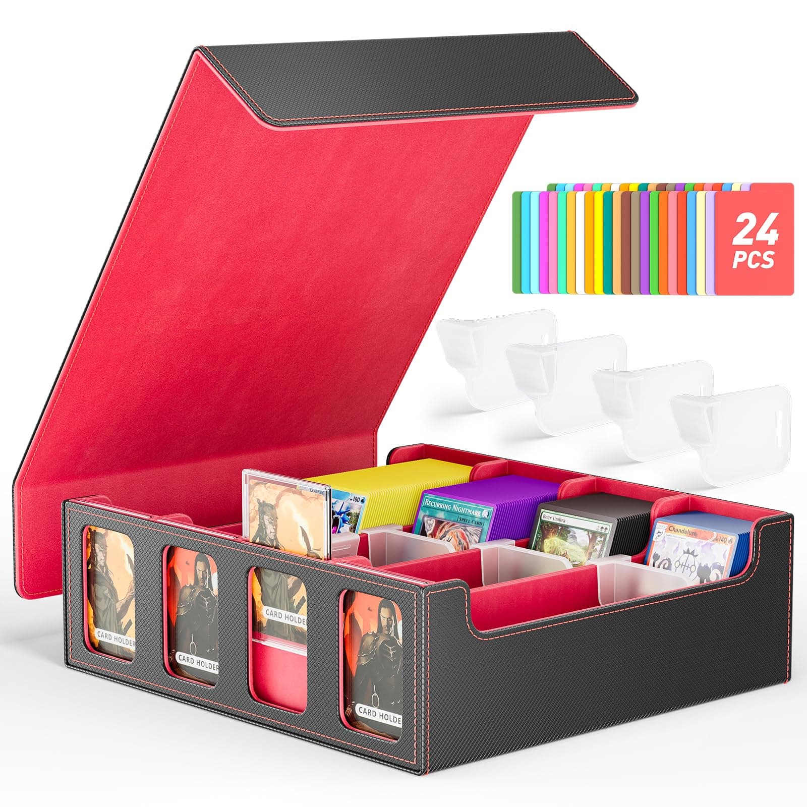 Flooyes Card Storage Box for Trading Cards with 4 Card Supporters, 3200+ MTG Deck Box with 24 Colorful Dividers, Commander Trading Card Storage Box with Viewing Windows for Magic Game Cards, Red