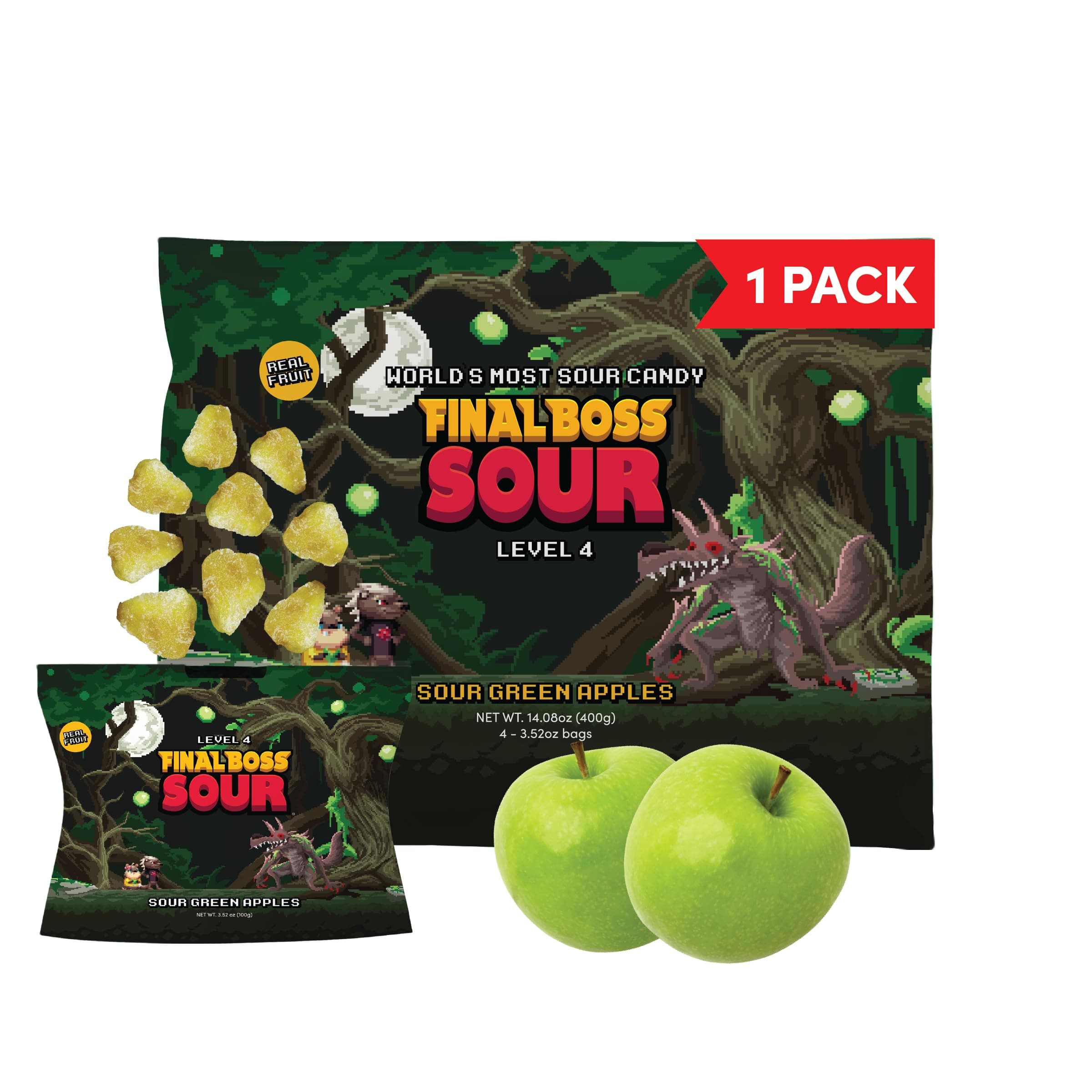 Final Boss Sour Candy, Green Apple, 1 Pack, Level 4, Extreme Sour Fruit Chews with Real Dried Fruit, No Artificial Colors or Flavors, Low Calorie Snack for Kids, Teens, Adults, Lunch Boxes