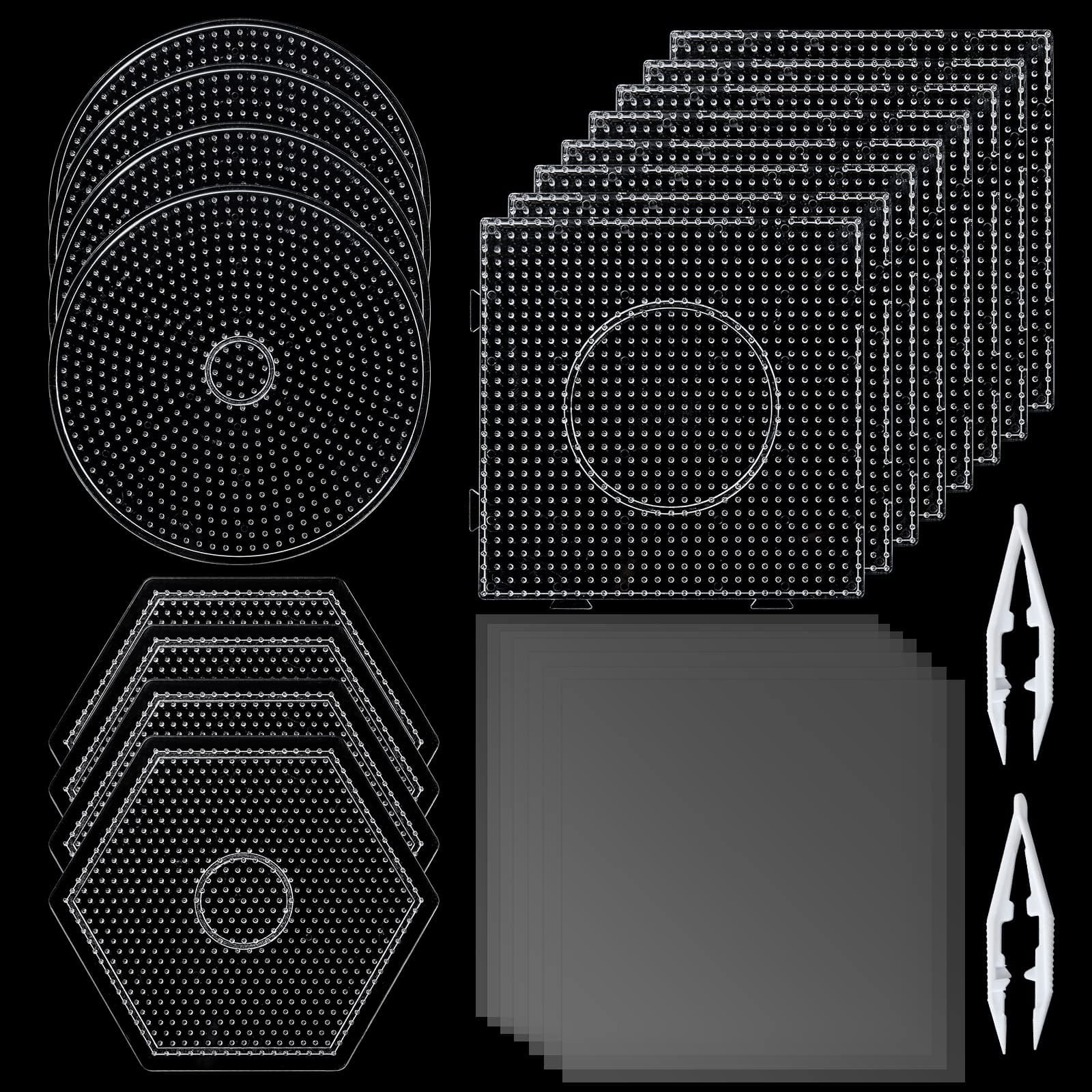 16PCS 5mm Fuse Beads Pegboards, Large Plastic Bead Pegboard with 2 Beads Tweezers and 6 Ironing Paper, Peg Fuse Melty Beads Boards Kit for DIY Craft Beads, 8 Square, 4 Round, 4 Hexagon