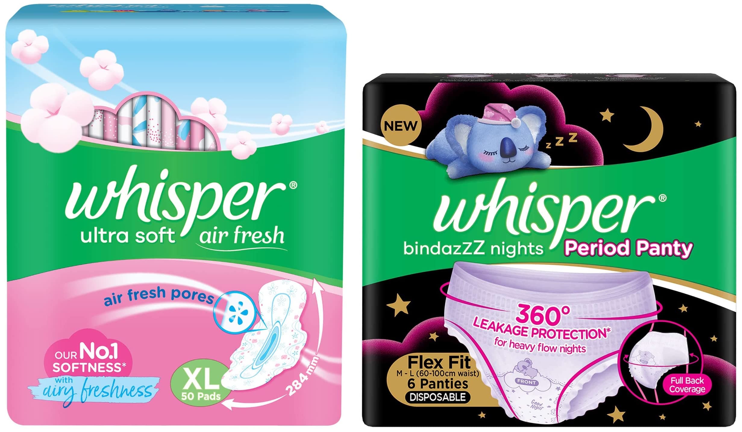 Whisper Day + Night Ultra Soft Sanitary bundle pack: Day XL 50 napkins & Night Period pants (count- 6)