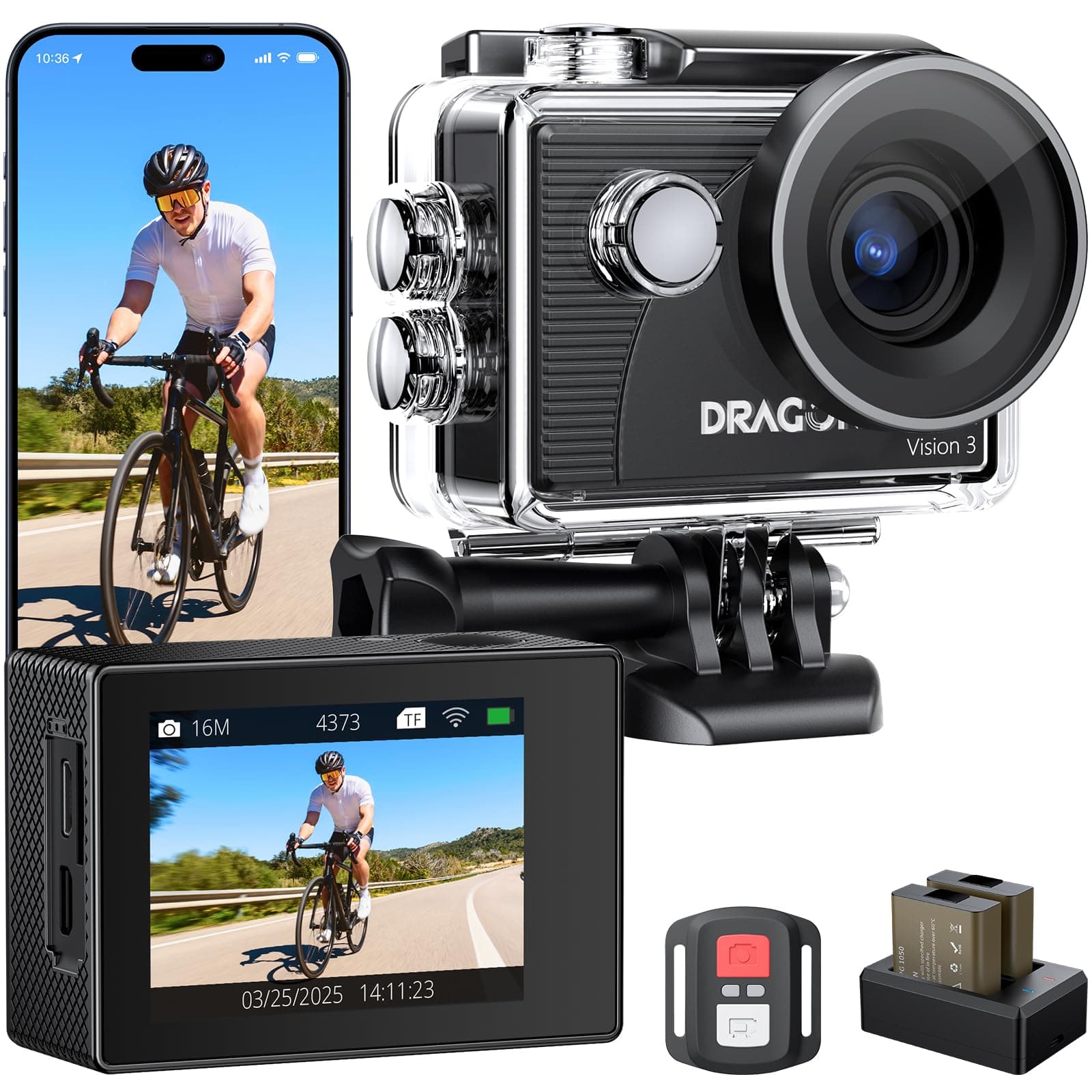 4K Action Camera 20MP Vision 3 Underwater Waterproof Camera 170° Wide Angle WiFi Sports Cam with Remote 2 Batteries and Mounting Accessories Kit