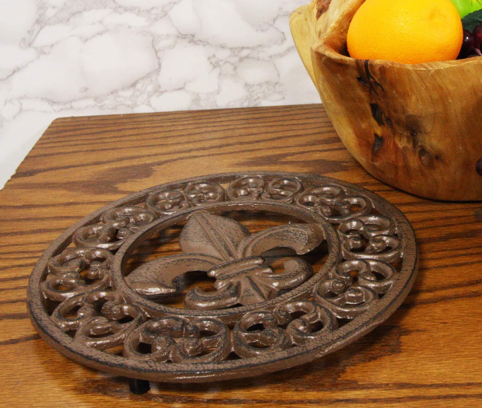 Ebros Gift 10" Diameter Round Fleur De Lis Medallion with Lace Border Design Cast Iron Metal Trivet Circle Southern Western Rustic Country Vintage Decorative Accent for Wall Or Table Furniture