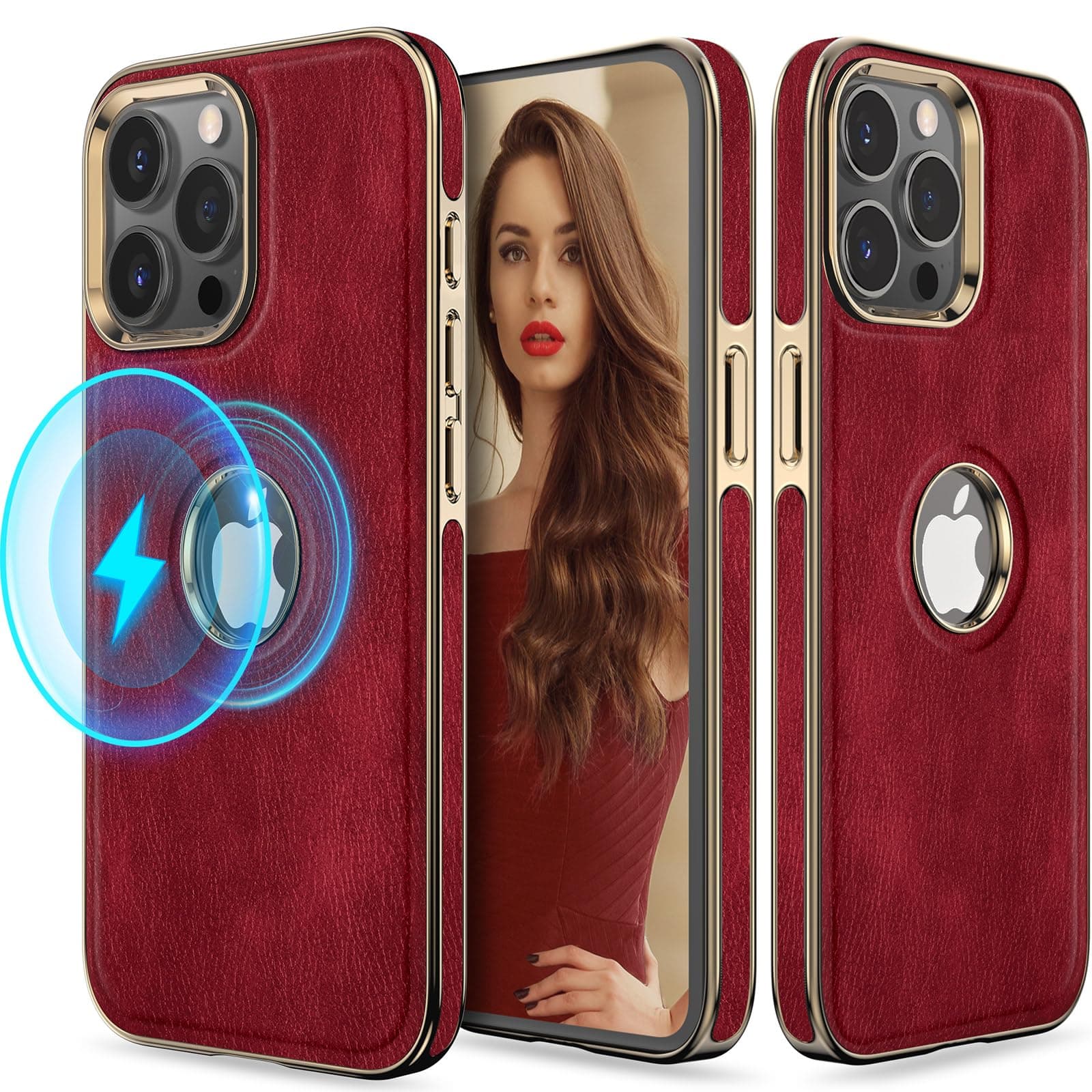 LOHASICfor iPhone 15 Pro Max Leather Case, Logo View Luxury Business Design Vintage Women Girly Cover Protective Magnetic Phone Cases Compatible with MagSafe, 6.7 inch 2023 - Red