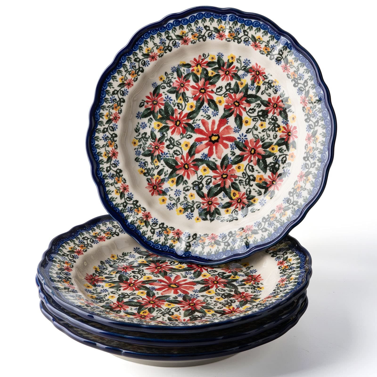 Ceramic Salad Plate Set,Blue and White 8 inch Serving Plates Floral Dinner Shallow Plates Set of 4, Serving Bread Appetizer Dessert Snack (8 Inch) (Exotic Daisy)