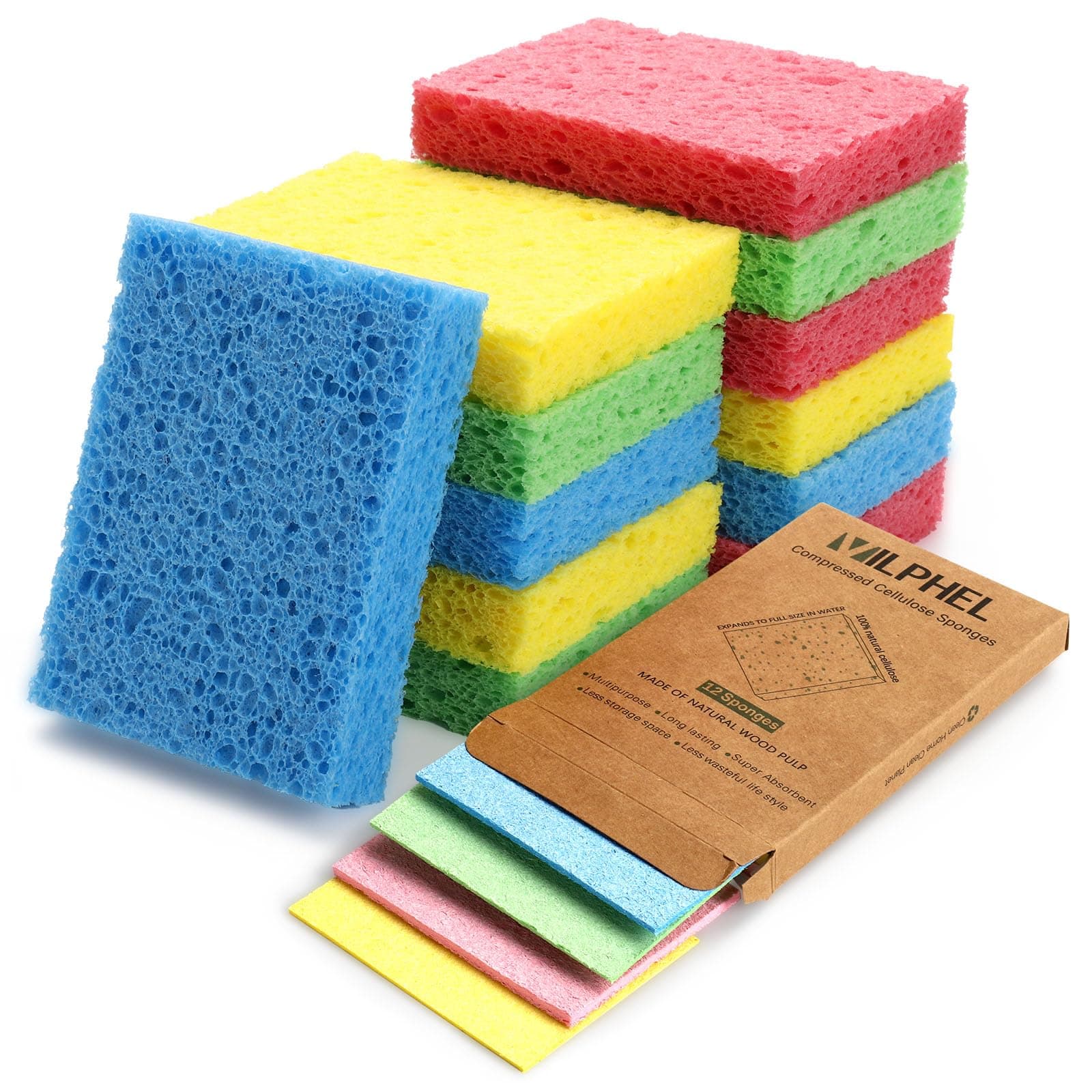 12 Counts Multipurpose Kitchen Sponges Pack Compostable Biodegradable Compressed Cellulose Sponges 18X Super Absorbent POP UP Eco Sponge for Household Use