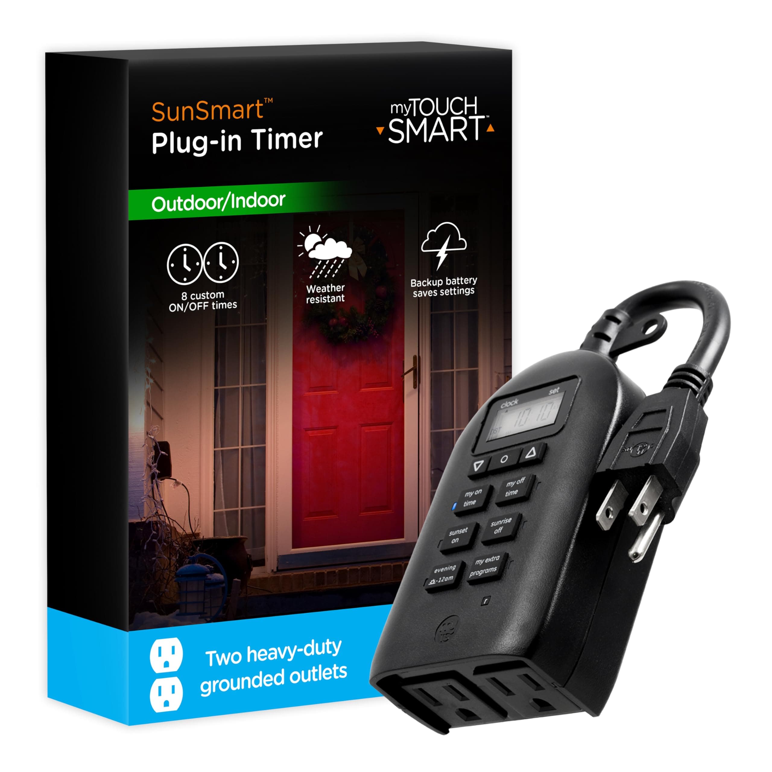 myTouchSmart Digital Timer, 2 Grounded Outlets, Simple Setup, Daily and 7-Day Settings, Weather Resistant, Ideal for Indoor, Outdoor, Seasonal, Christmas Lights, 33862, BLACK