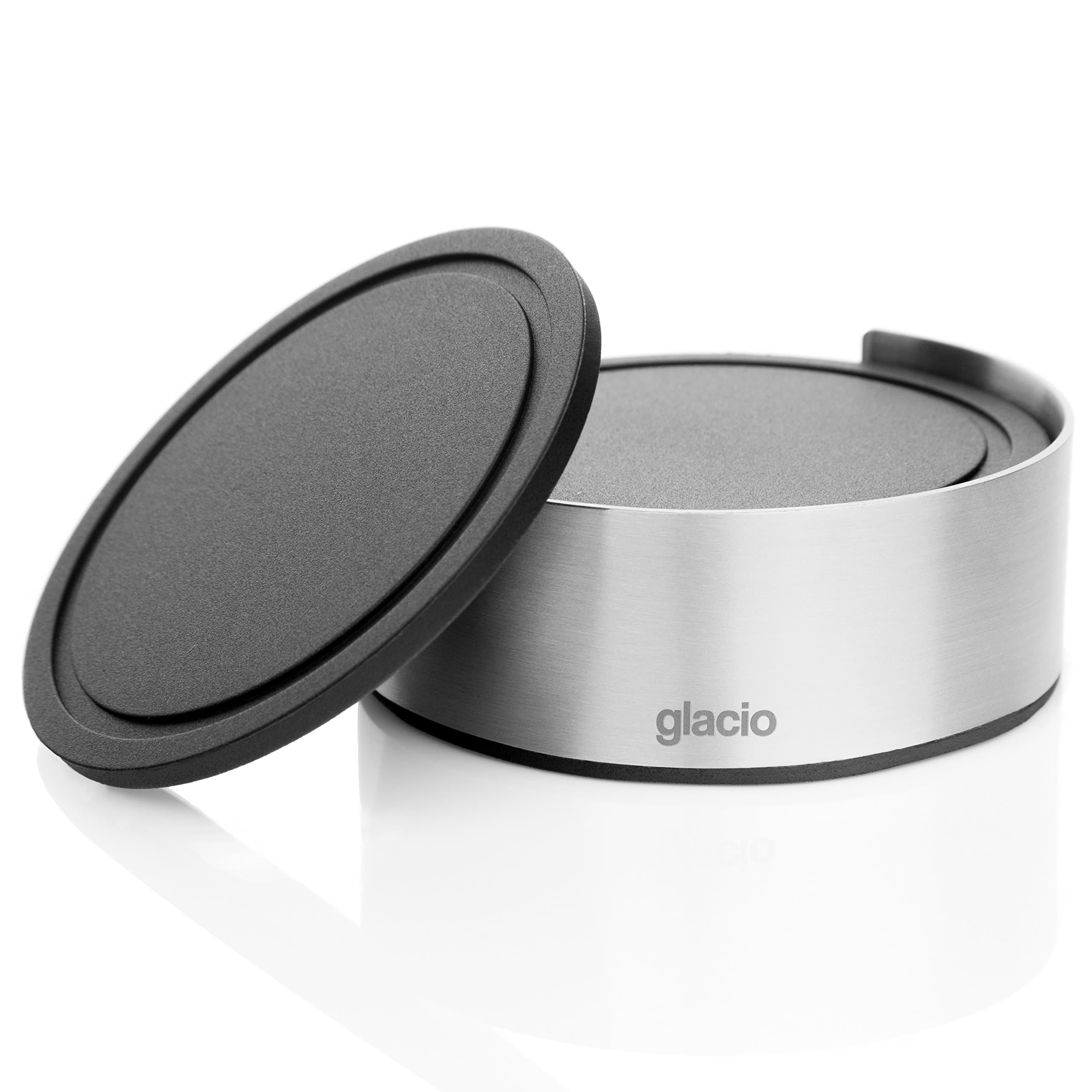 glacio Home Décor Bar Drink Coasters Set (6-Pack) - Black Silicone - Stainless Steel Holder - Decorative Home Kitchen Cup Holders