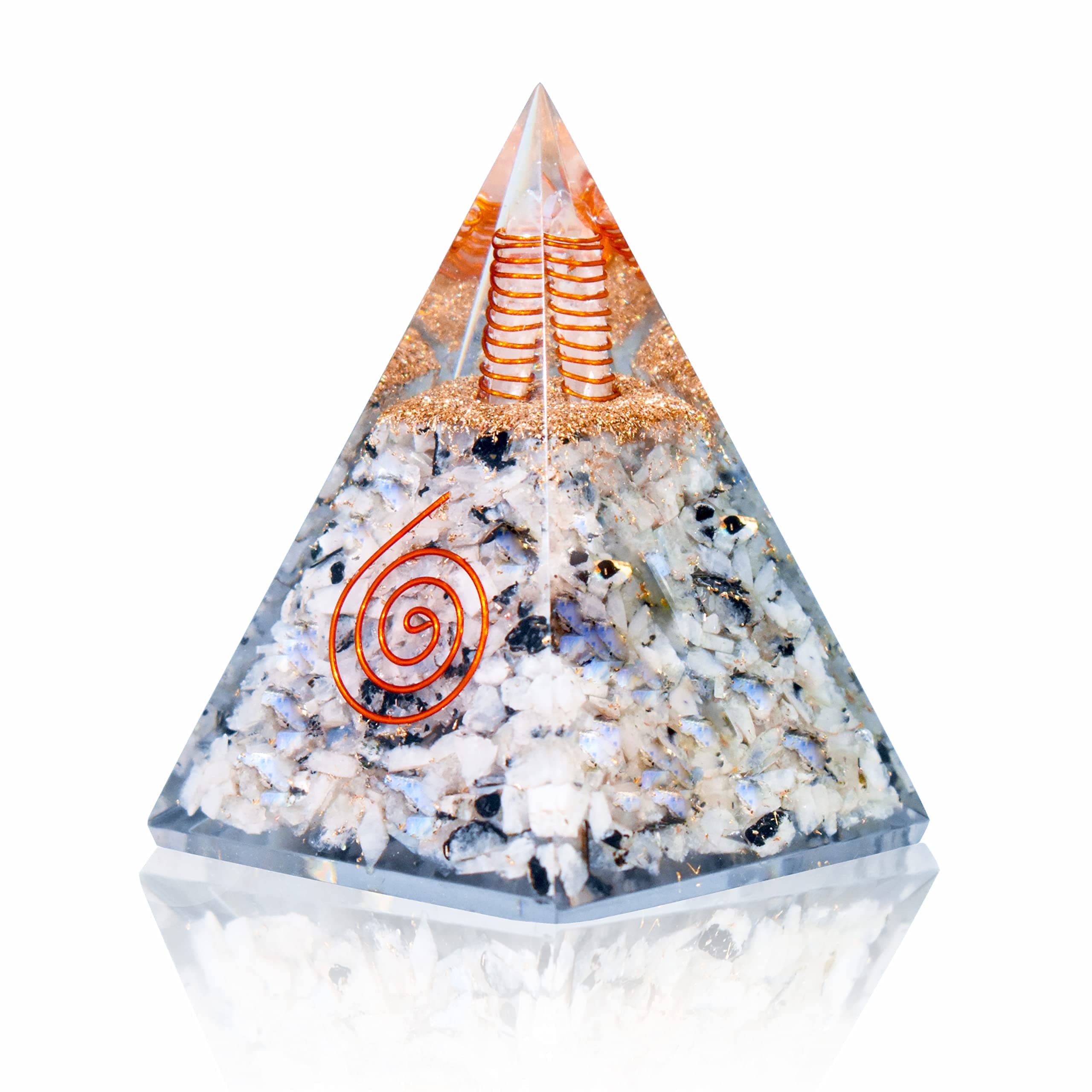 A One Crystal Rainbow Moonstone Orgonite Pyramid With Crystal Point & Copper Wire For Success Energy Generator Reiki Healing Chakra Spiritual Meditation Decor Gifts (Rainbow Moonstone Pyramid)