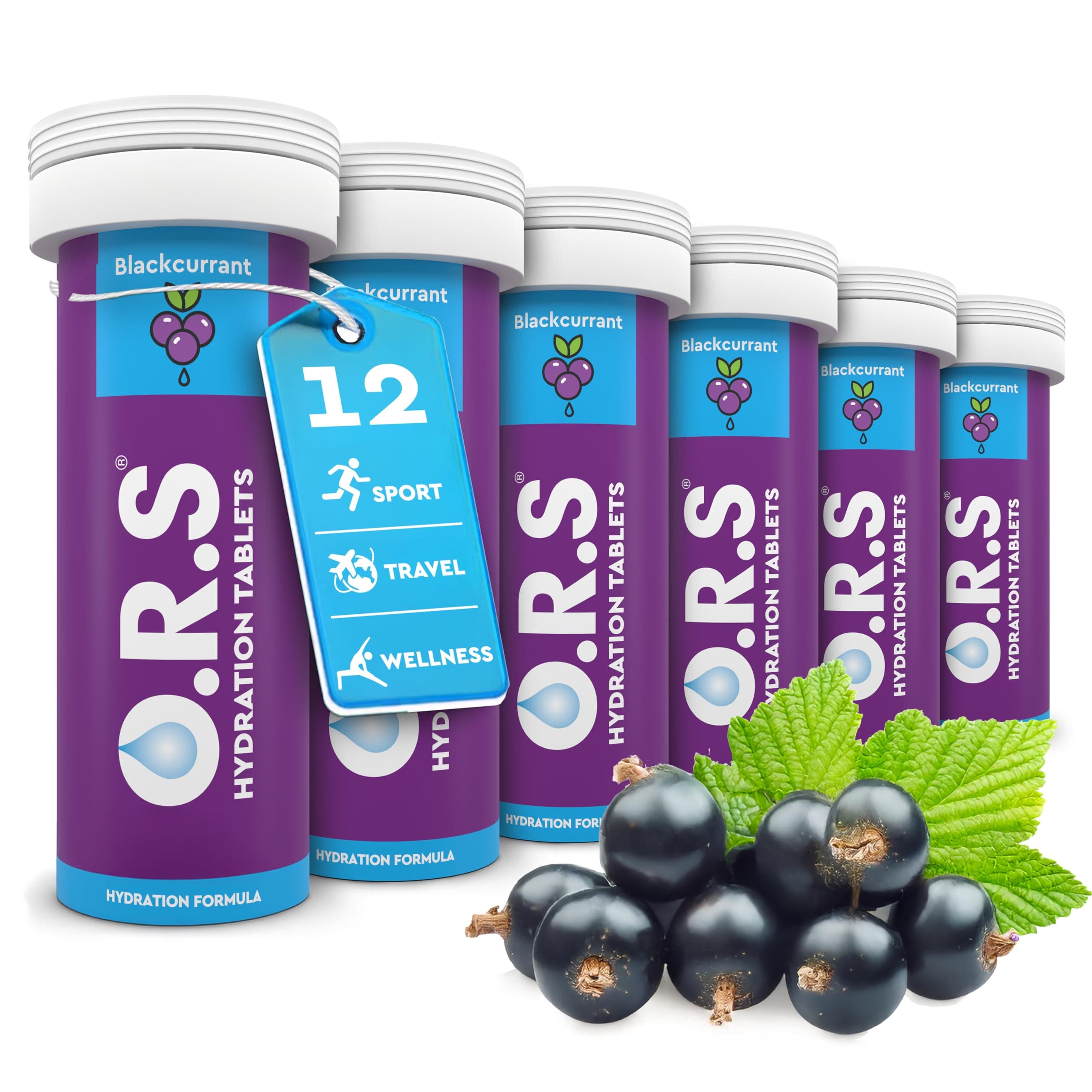 O.R.S Hydration Tablet with Electrolytes for Rehydration, Wellness, Travel, Sports & Recovery | Vegan, Gluten-Free & Low-Calorie Electrolyte Tablets Blackcurrant Flavour, 72 Tablets