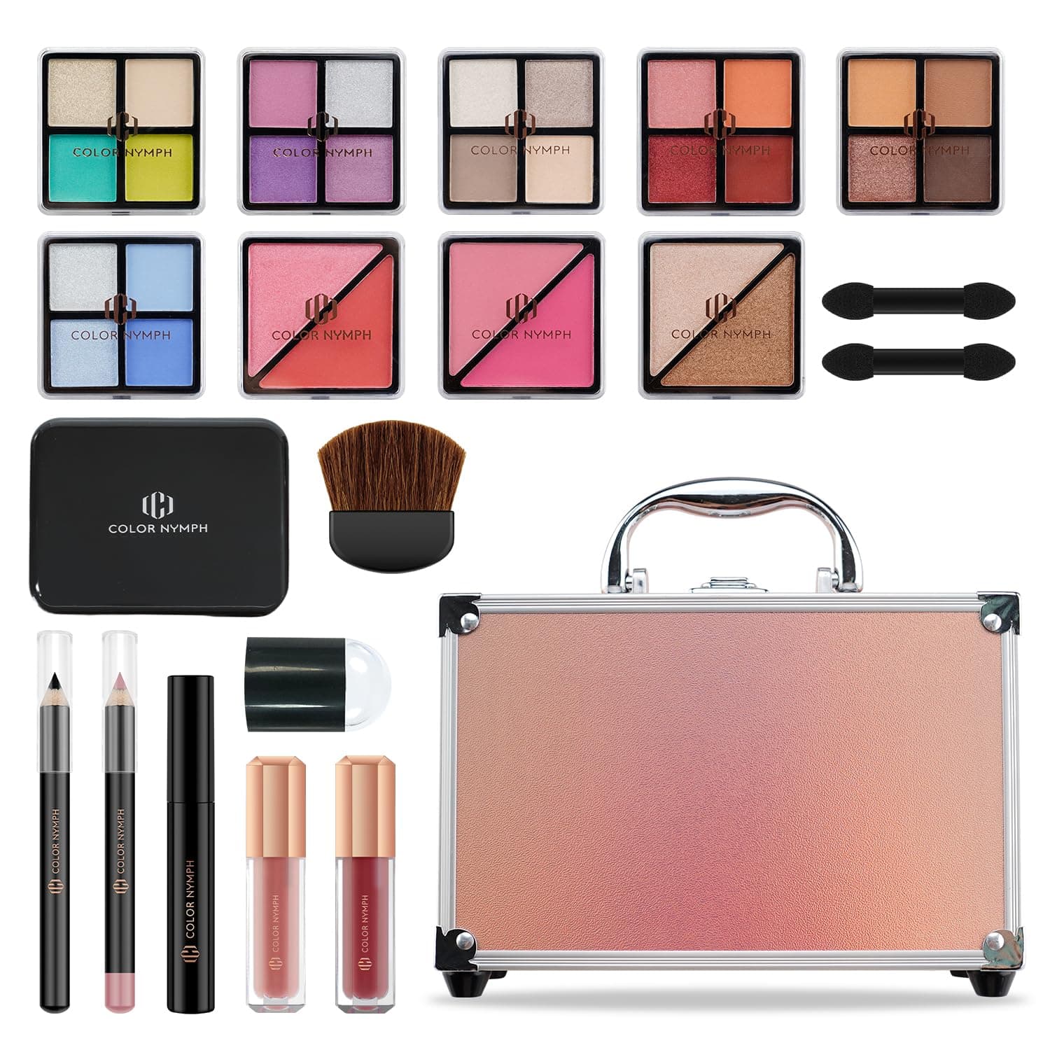 Color Nymph Beginner Makeup Kits For Teens With Train Case Included Full Makeup Kit Eyeshadow Palette Blushes Bronzer Highlighter Lipstick Brushes Mirror（Gold）