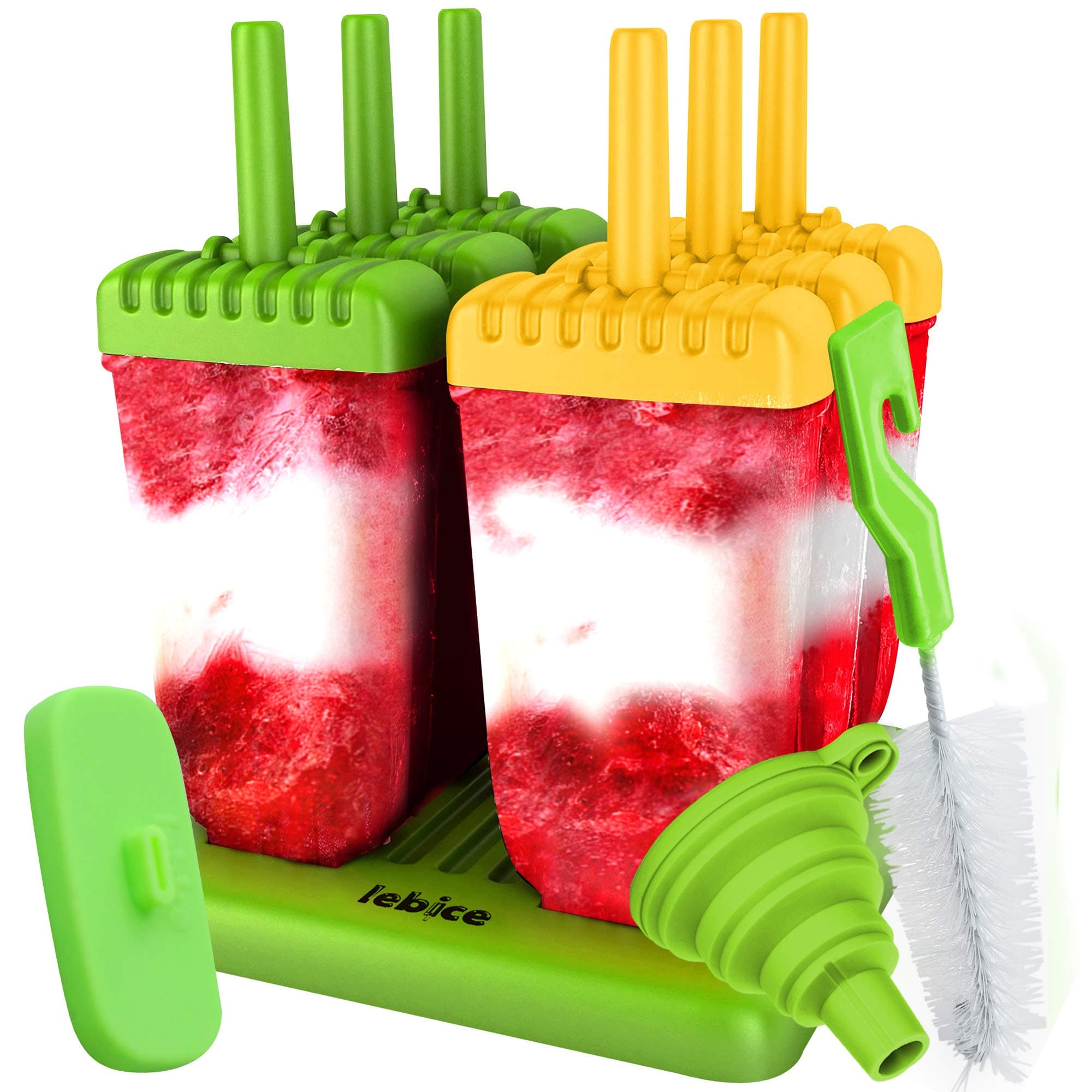 Popsicle Molds with Sticks Ice Pop Maker | 6 Pieces BPA Free w/Silicone Funnel and Cleaning Brush and 1 Extra Silicone Lid and Recipes E-book by Lebice