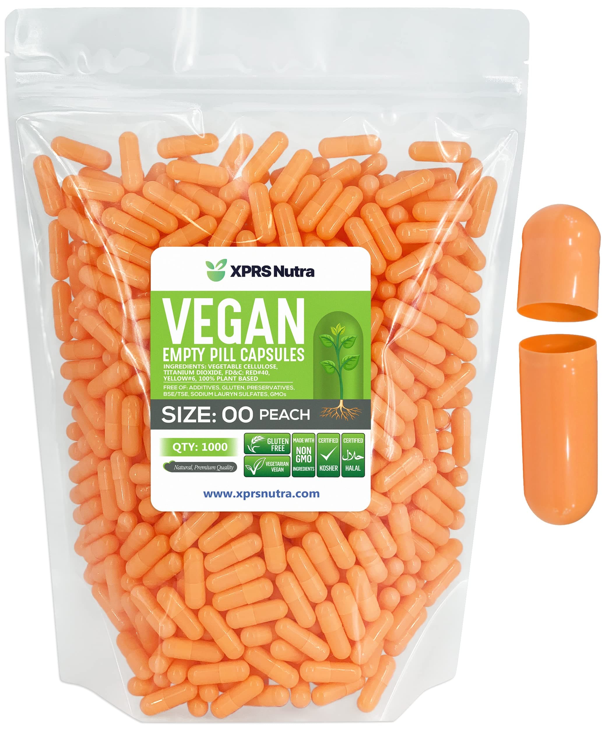 XPRS Nutra Size 00 Empty Capsules - 1000 Count Empty Vegan Capsules - Vegetarian Empty Pills - DIY Vegetable Capsule Filling- Veggie Pill Caps (Peach)