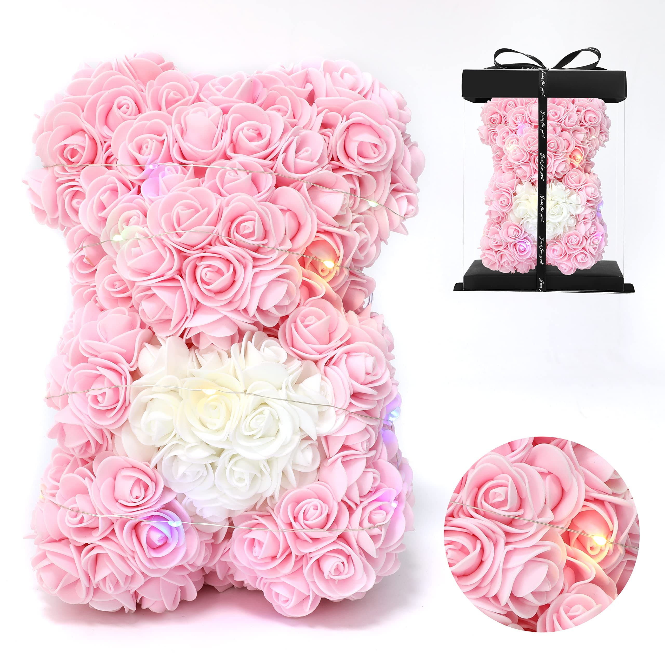 Rose Bear Rose Teddy Bear with Box, 10 Inch Artificial Rose Flower Bear, Gifts for Girlfriend for Her Gift for Mother's Day Valentine's Day Anniversary and Bridal Showers (Light Pink)
