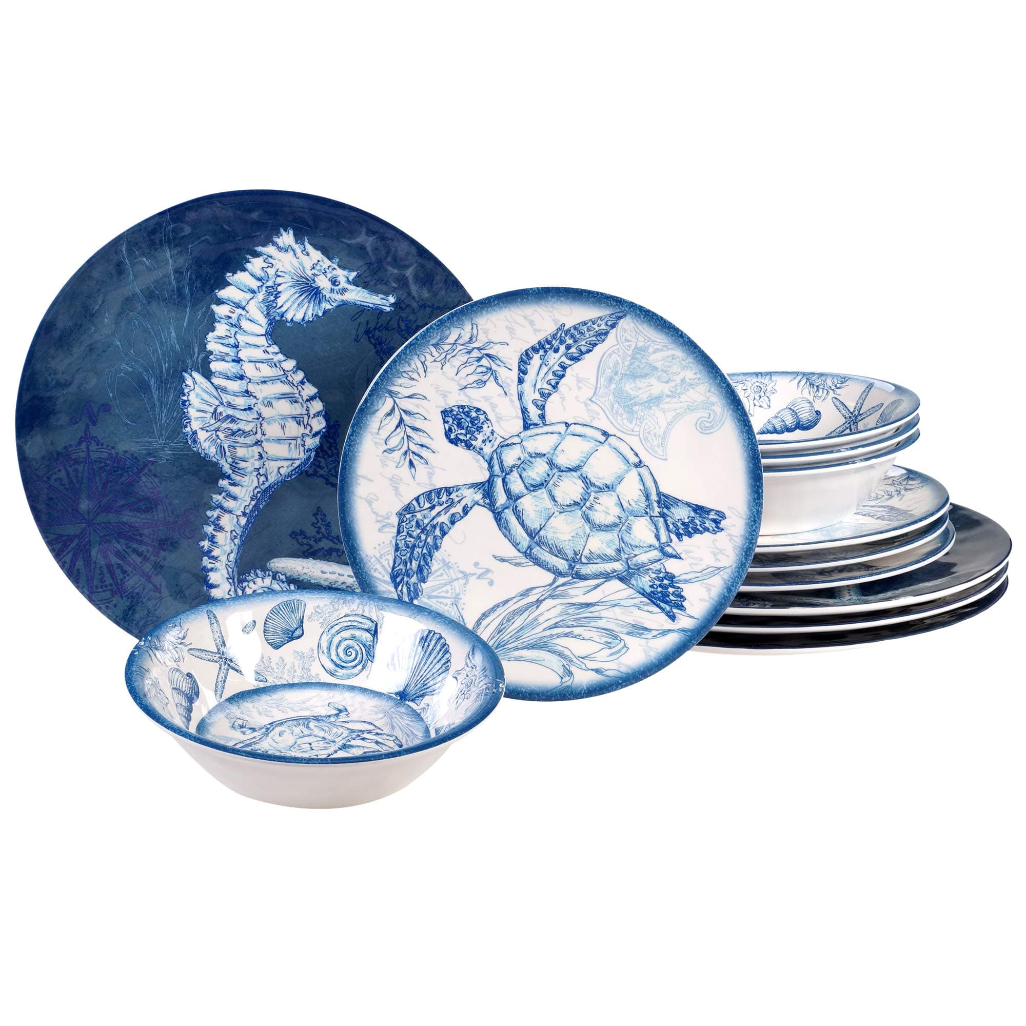 89057 Oceanic 12 piece Melamine Dinnerware Set, Service for 4, Multi Colored