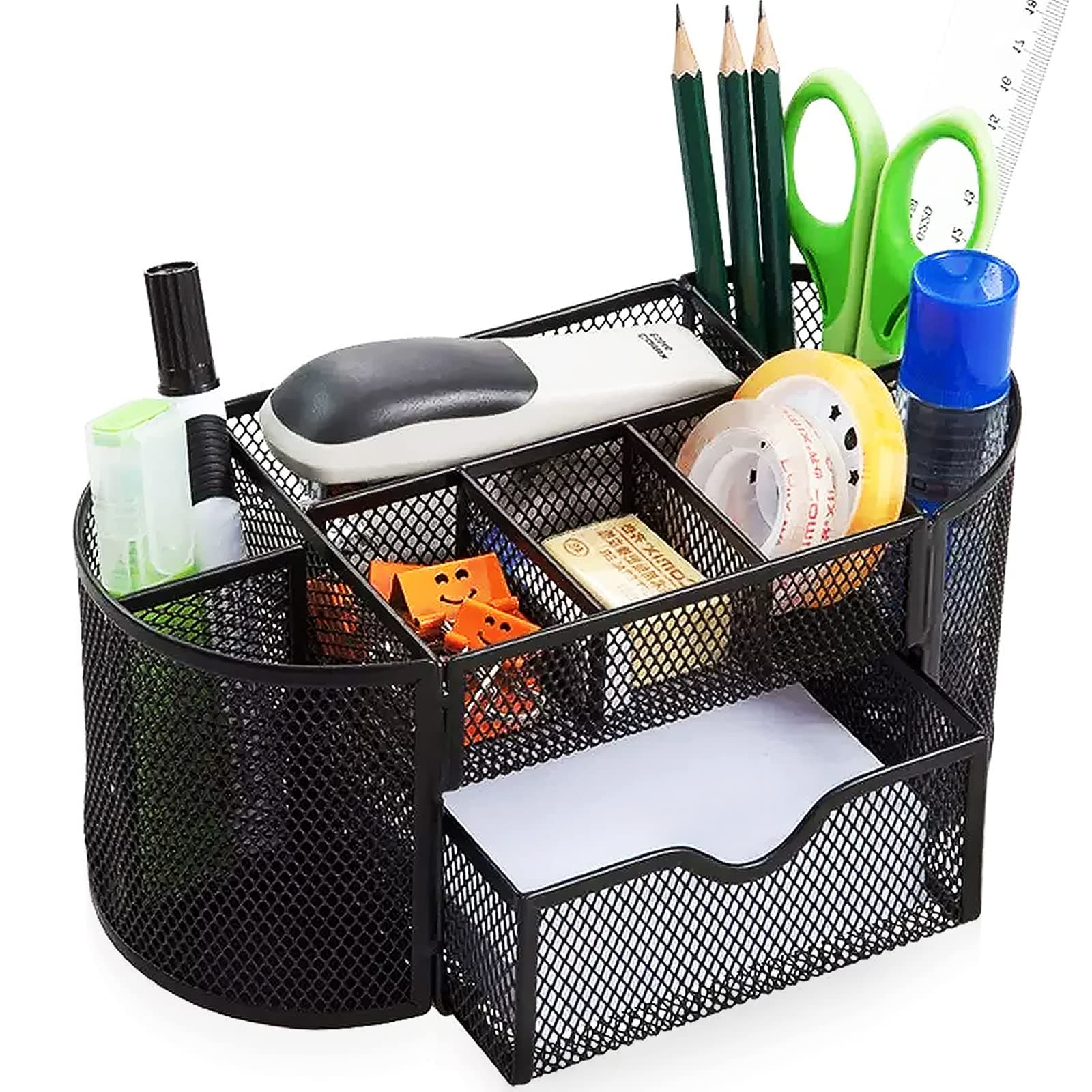 Cayxenful Mesh Desk Organizer Desktop Office Storage Multi-functional Pen Holder Stationery Organiser with 8 Compartments and 1 Drawer for Office, Home, School, Classroom- Black