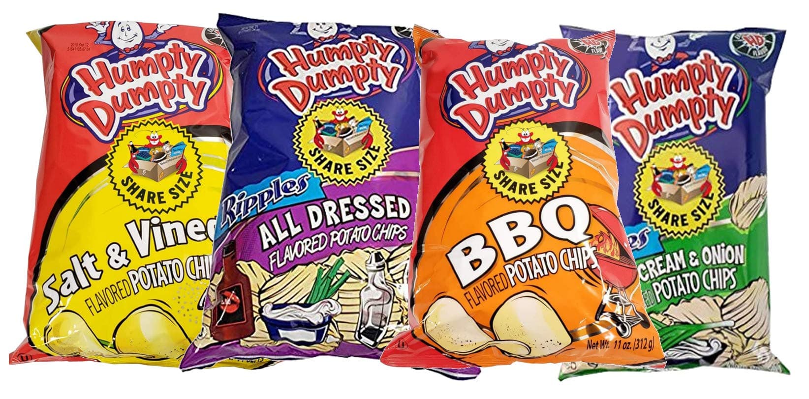 Humpty Dumpty Potato Chips, 8 Ounce, 4 Count, Assorted (BBQ, All Dressed, Sour Cream and Onion, Salt and Vinegar)