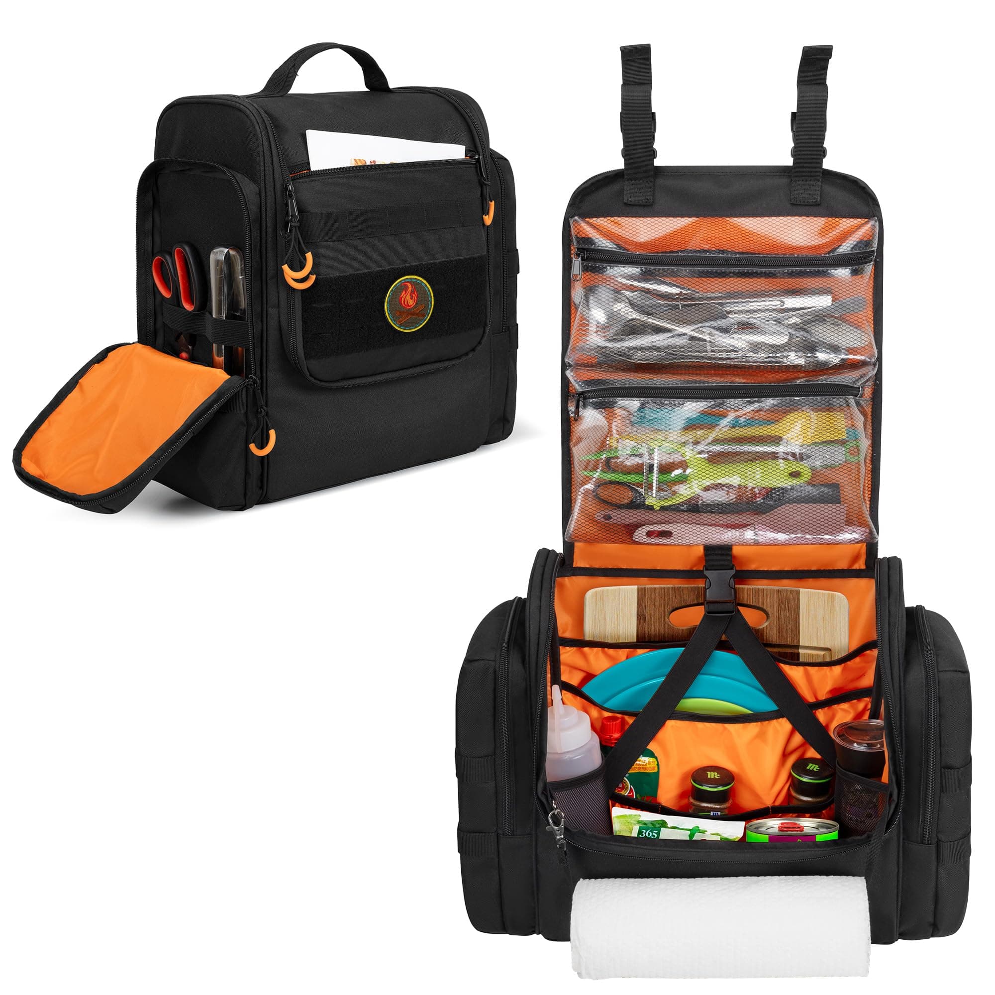 HODRANT Large Tactical Camping Kitchen Organizer, Hanging Cookware Storage Bag with Paper Towel Holder & Multi Pockets, Portable Camp Utensil Organizer for BBQ Cooking Essentials, Black, Bag Only